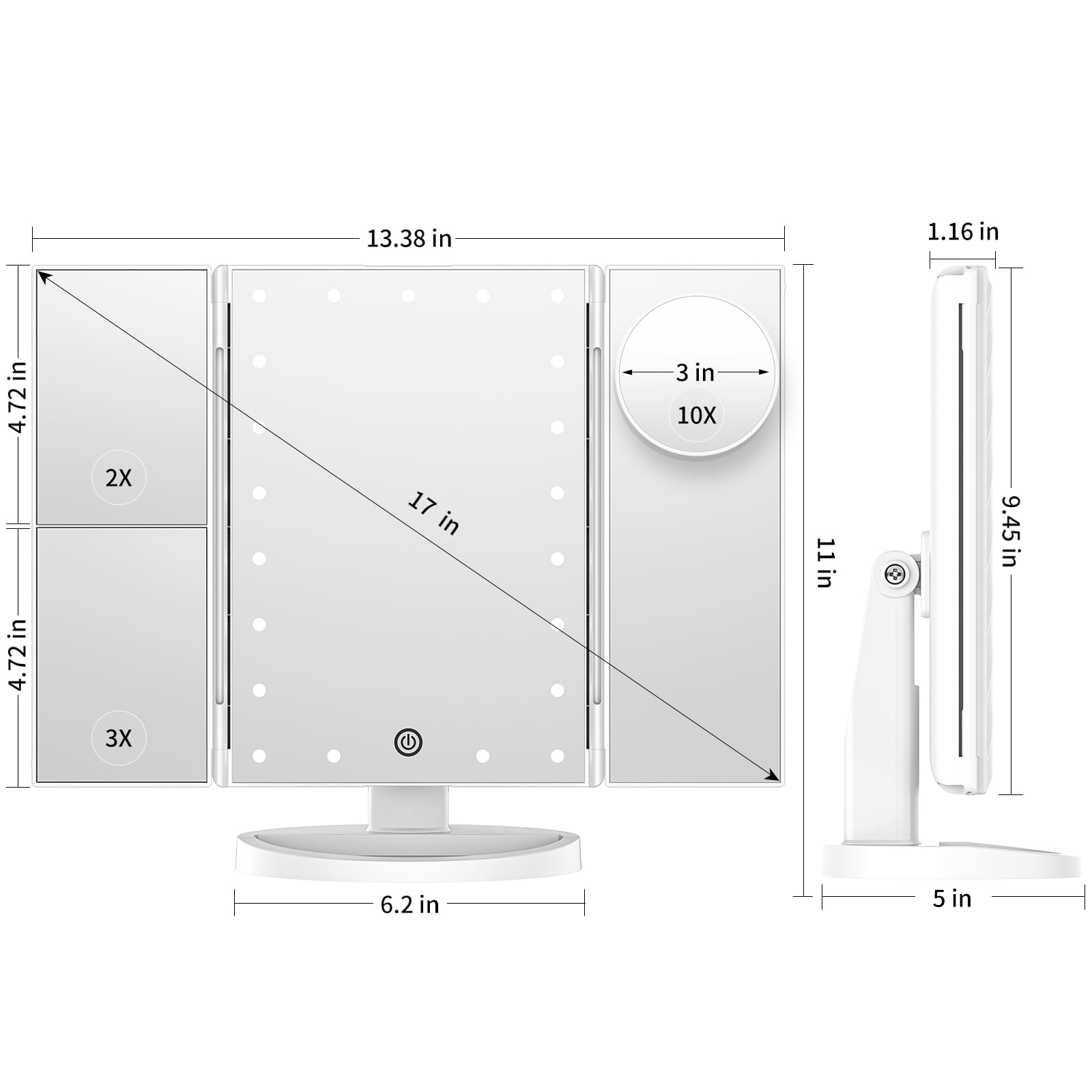Vanity Mirror with Lights - 3-Sided Lighted Makeup Mirror with 2X 3X 10X Magnification, 21 LED Touch Dimming Mirror, Dual Power Supply (AC/USB) - Perfect for Makeup Application, Skincare Routine & Travel - Ideal Gift for Women, White