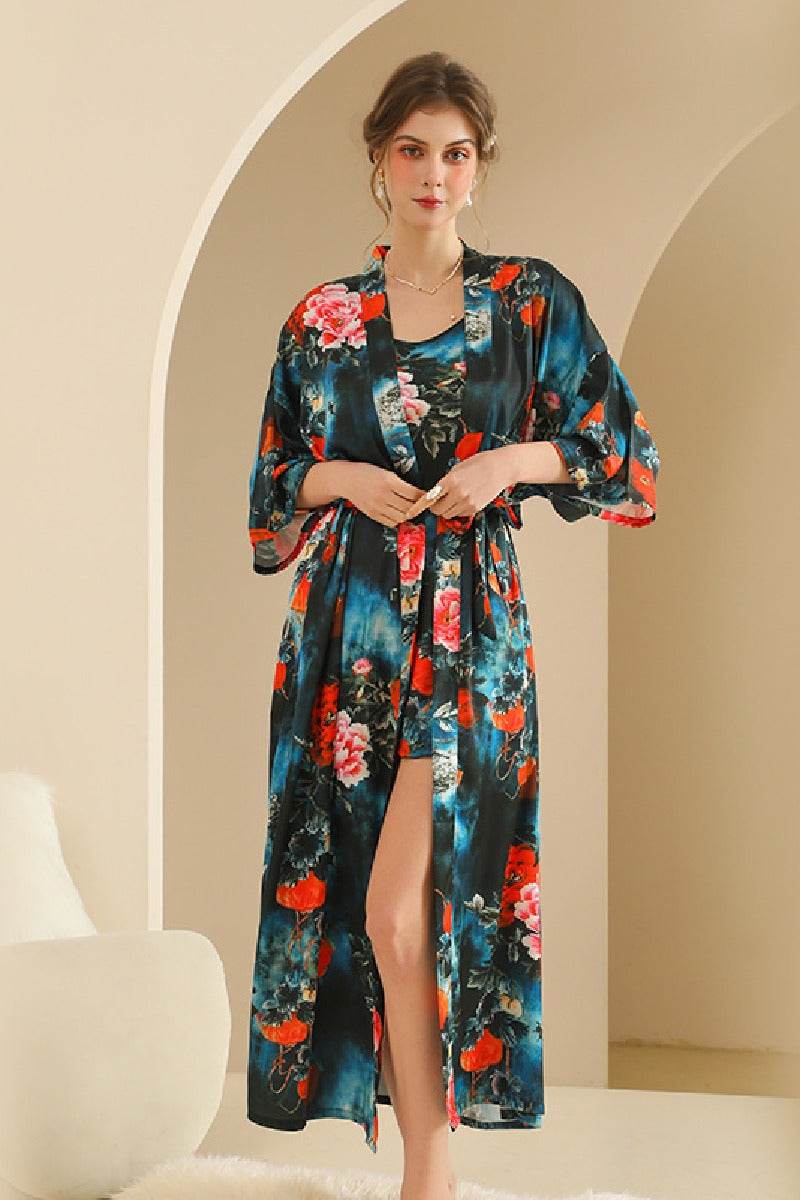 Hand Painted Floral Print Long Women's Robe Set - Soft Cotton Kimono Bathrobe with Pockets - Perfect for Spa, Loungewear, and Relaxing at Home