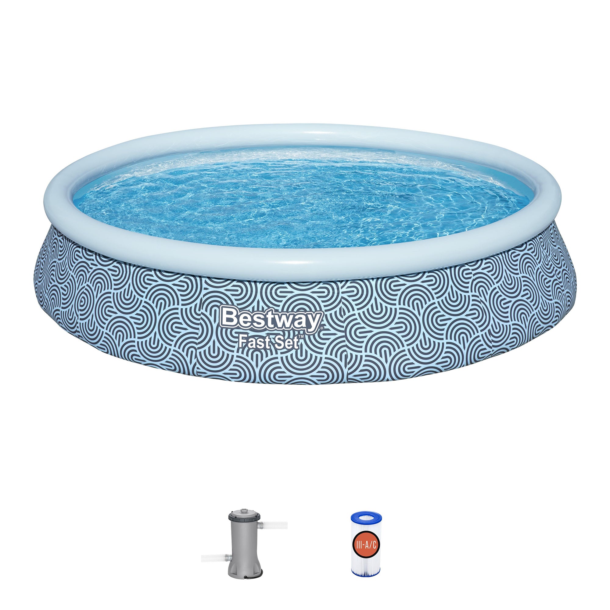 Bestway Fast Set Inflatable Pool - 13' x 33' Round Above Ground Swimming Pool with Filter Pump, Ladder & Repair Patch | Abstract Blue Design for Backyard, Garden, Kids & Family Summer Fun