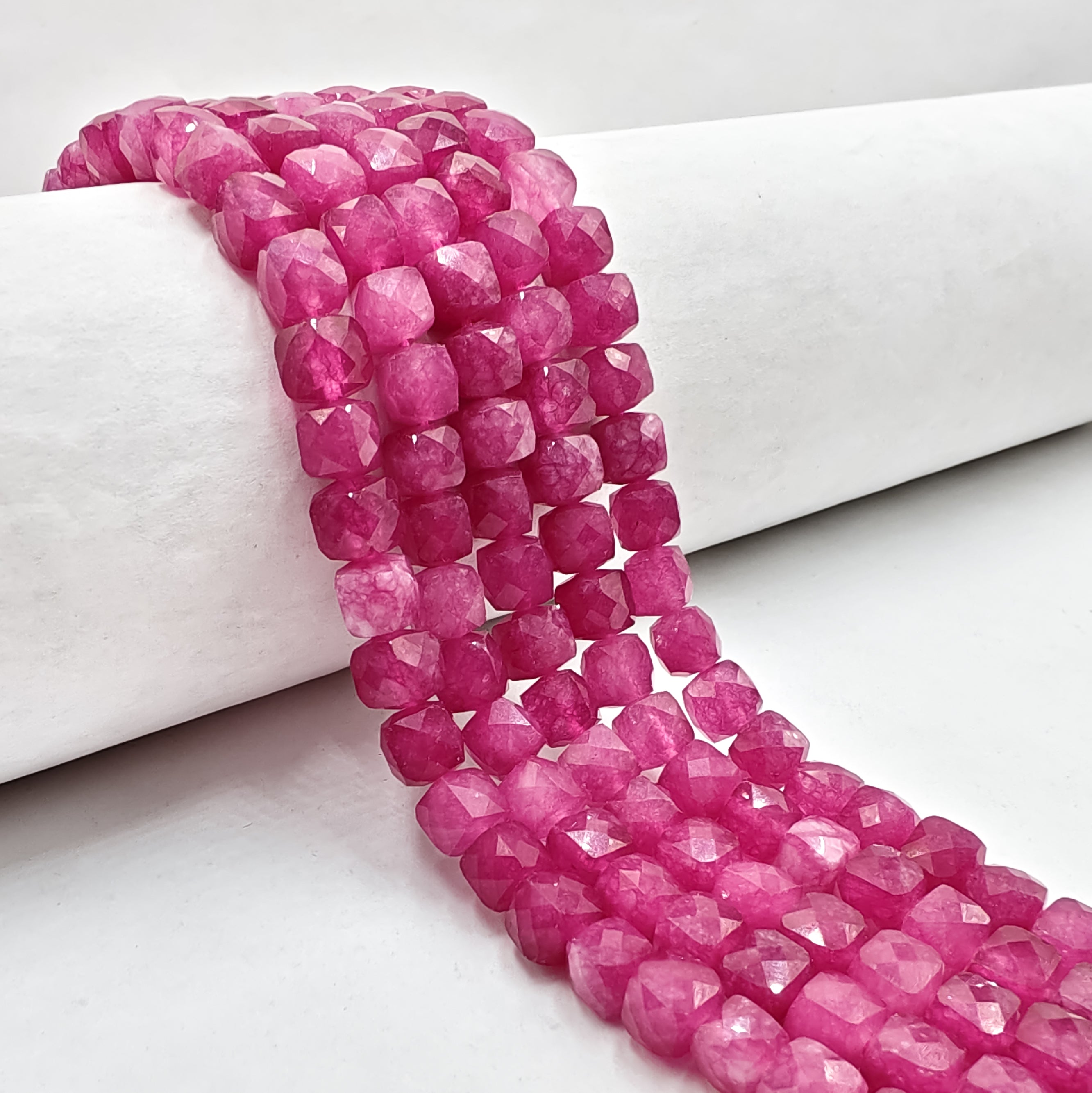 Natural Pink Tourmaline Dyed Jade Faceted Cube Beads - 7mm Size, 15.5 Inch Strand for Jewelry Making, DIY Bracelets & Necklaces - Perfect for Boho, Handmade & Fashion Accessories