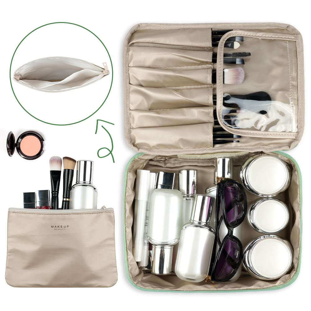 Aucuu Large Waterproof Makeup Bag for Women - Travel Cosmetic Organizer with Multiple Pockets, Portable Makeup Case for Girls (Green) - Perfect for Travel, Gym, Daily Use & Gift Giving