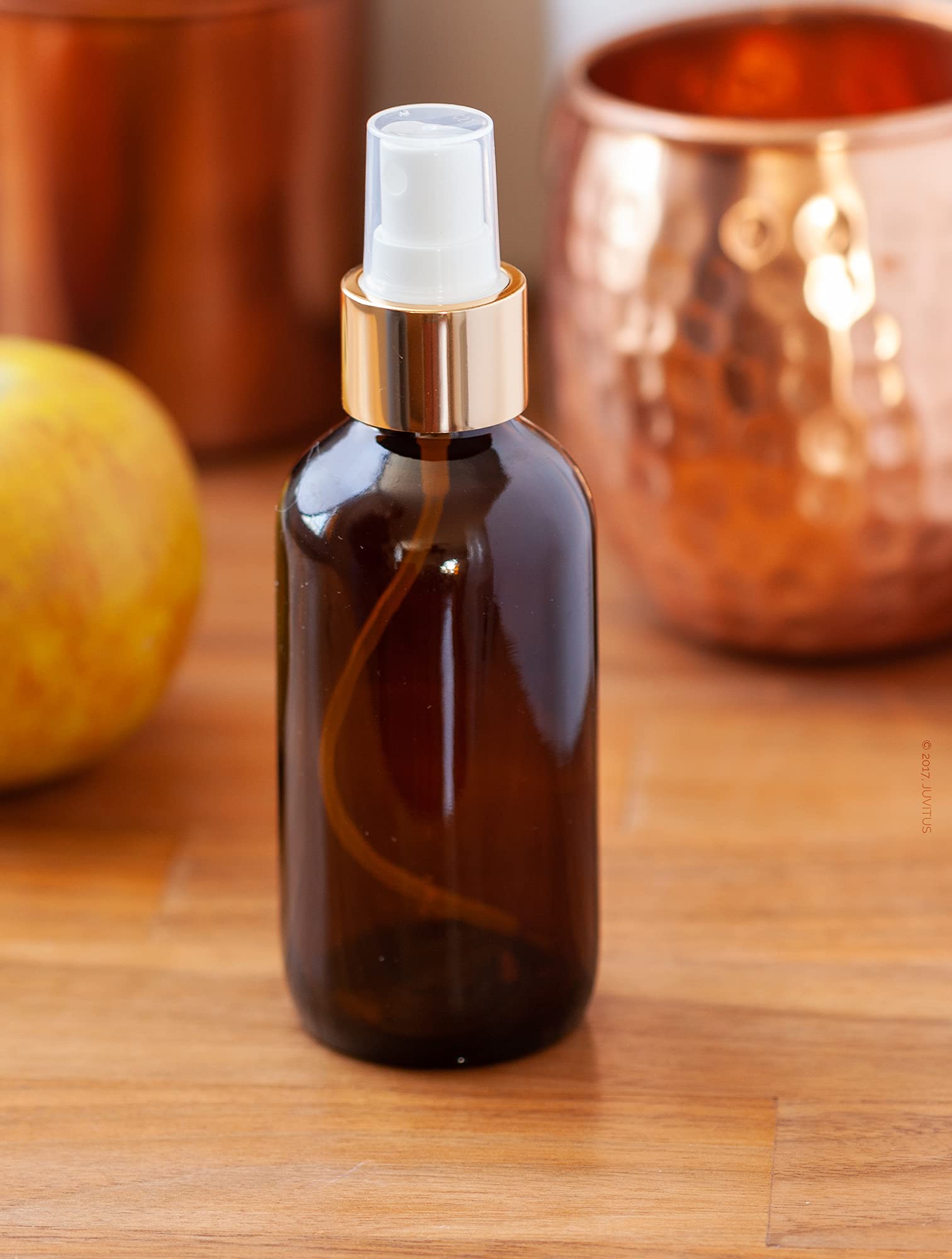 JUVITUS 4 oz Amber Glass Boston Round Bottle with Gold Fine Mist Sprayer - 12 Pack with Free Funnel - Perfect for Essential Oils, Perfumes & DIY Skincare Products