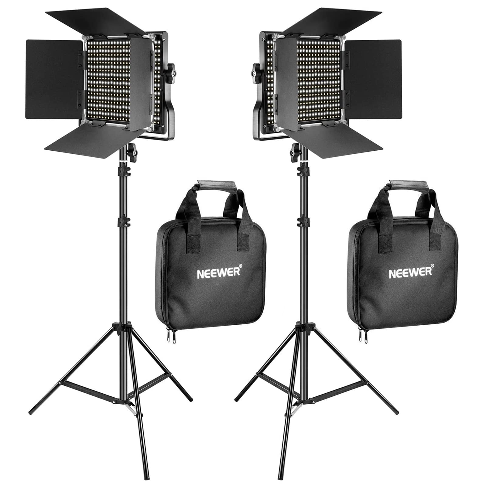 NEEWER 2-Pack 660 LED Bi-Color Video Light Kit with Stands - 3200K-5600K CRI 96+ Dimmable LED Panel, U Bracket, Barn Doors & 75