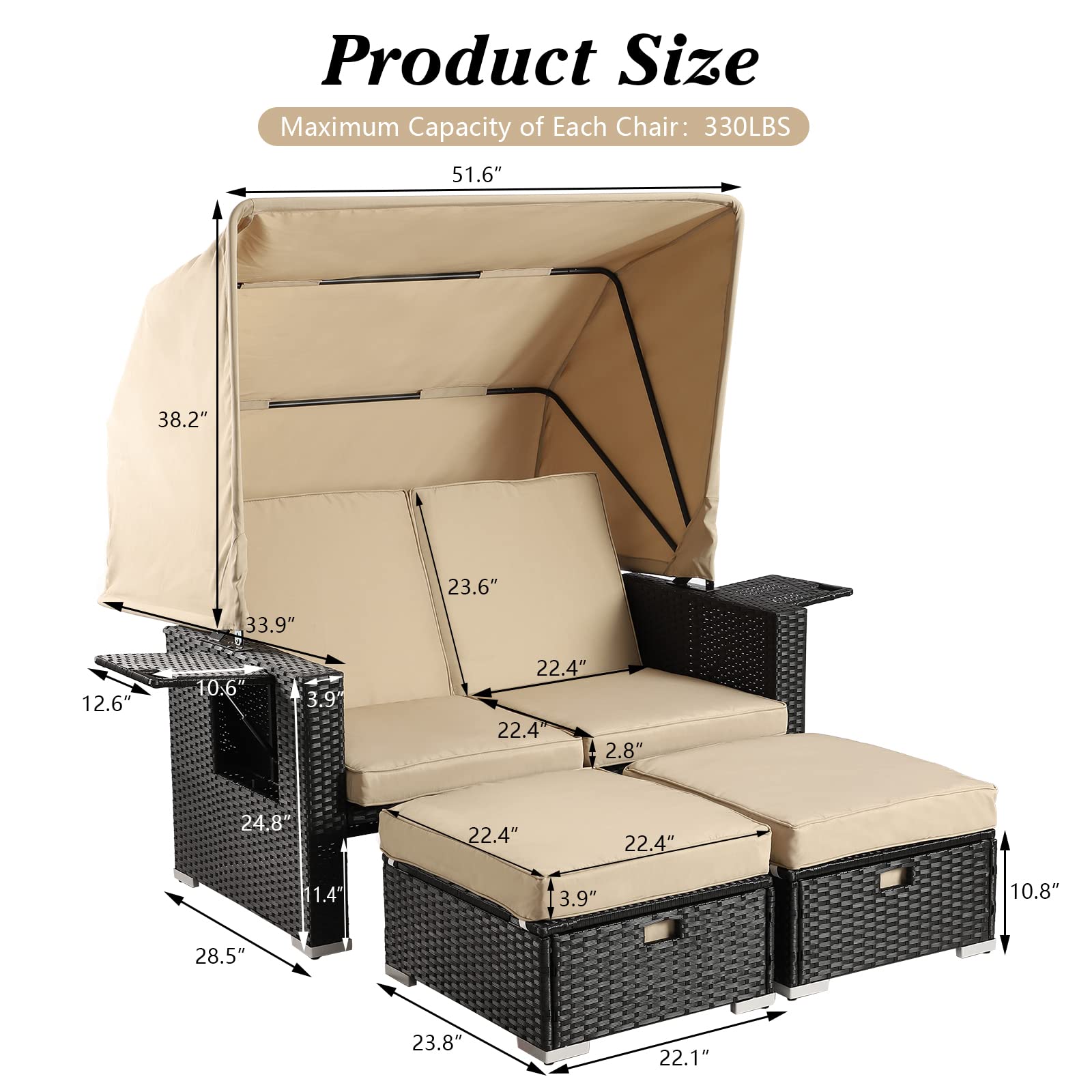 LEISU Outdoor Patio Furniture Sunbed with Retractable Canopy - PE Wicker Rattan Rectangle Sectional Sofa Set with Washable Cushions - Perfect for Lawn, Garden, Poolside & Backyard Relaxation (Khaki)