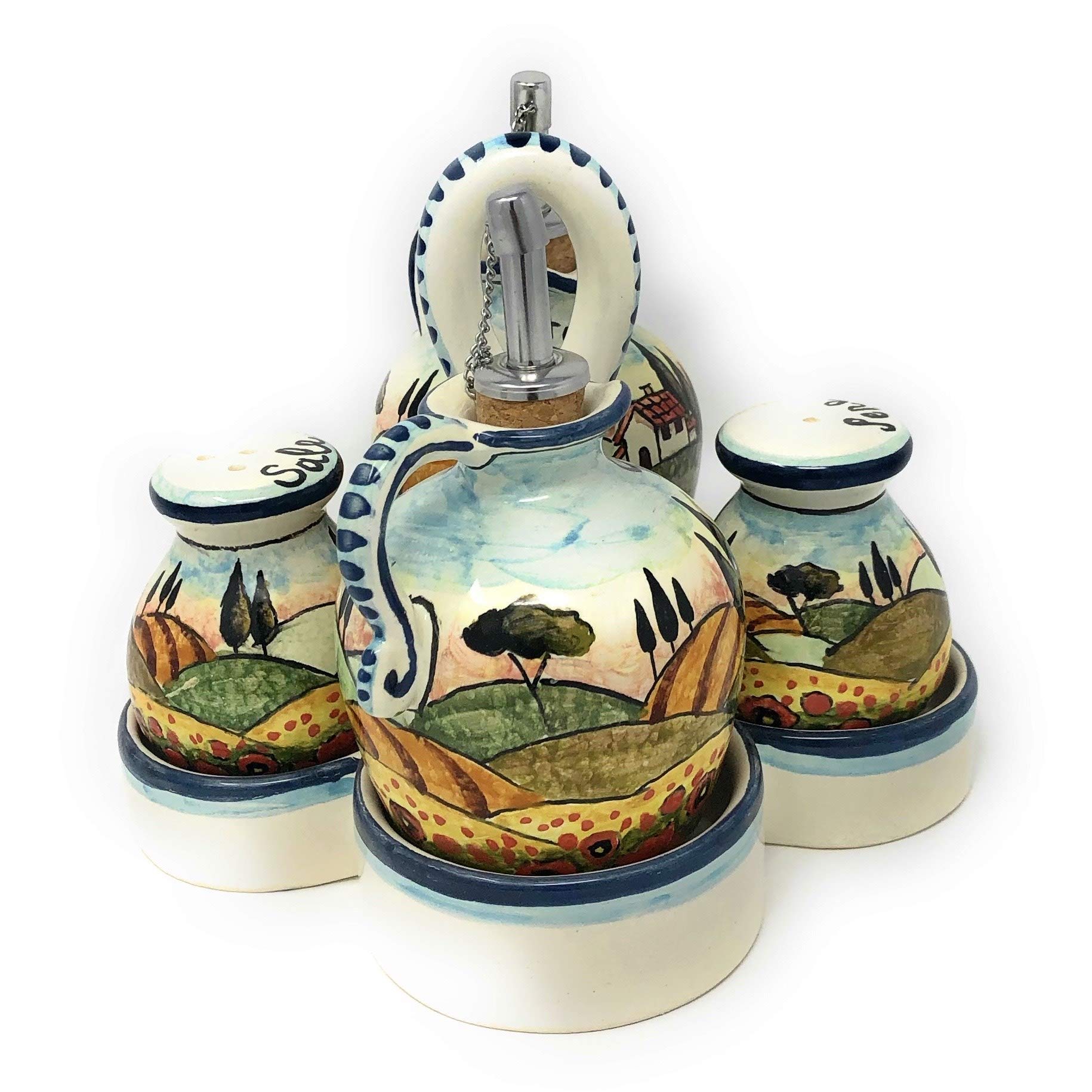 Hand-Painted Italian Ceramic Art Pottery Set - Tuscan Poppies Landscape Cruet for Oil, Vinegar, Salt & Pepper | Authentic Made in Italy Home & Kitchen Decor | Perfect for Tuscan-Themed Dining & Gift Giving