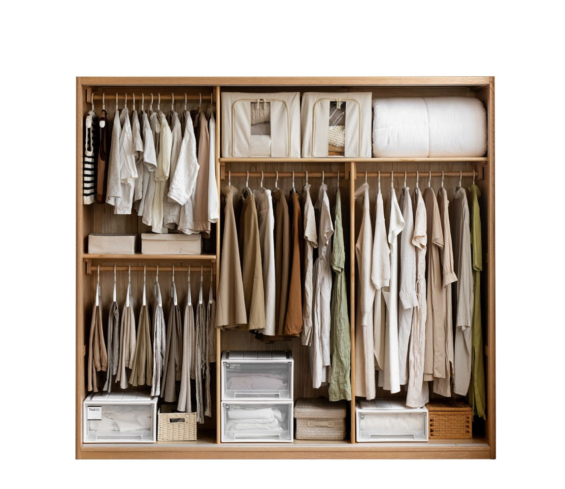Solid Oak Wood Sliding Door Wardrobe Closet - Modern Storage Solution for Bedroom, Living Room & Office Organization
