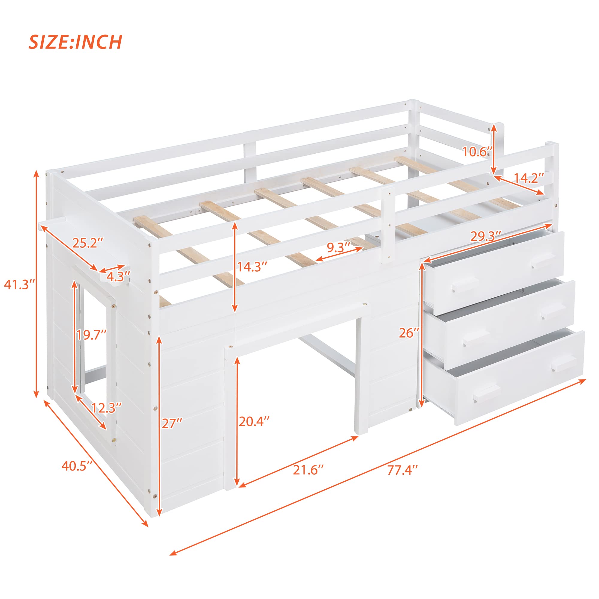 Bellemave Low Loft Twin Bed with 3 Drawers & Cabinet - Farmhouse Style Wooden Loft Bed Frame with Bedside Tray for Kids, Teens, Boys & Girls - Perfect for Small Bedrooms, Dorm Rooms & Space-Saving Kids' Rooms (White)