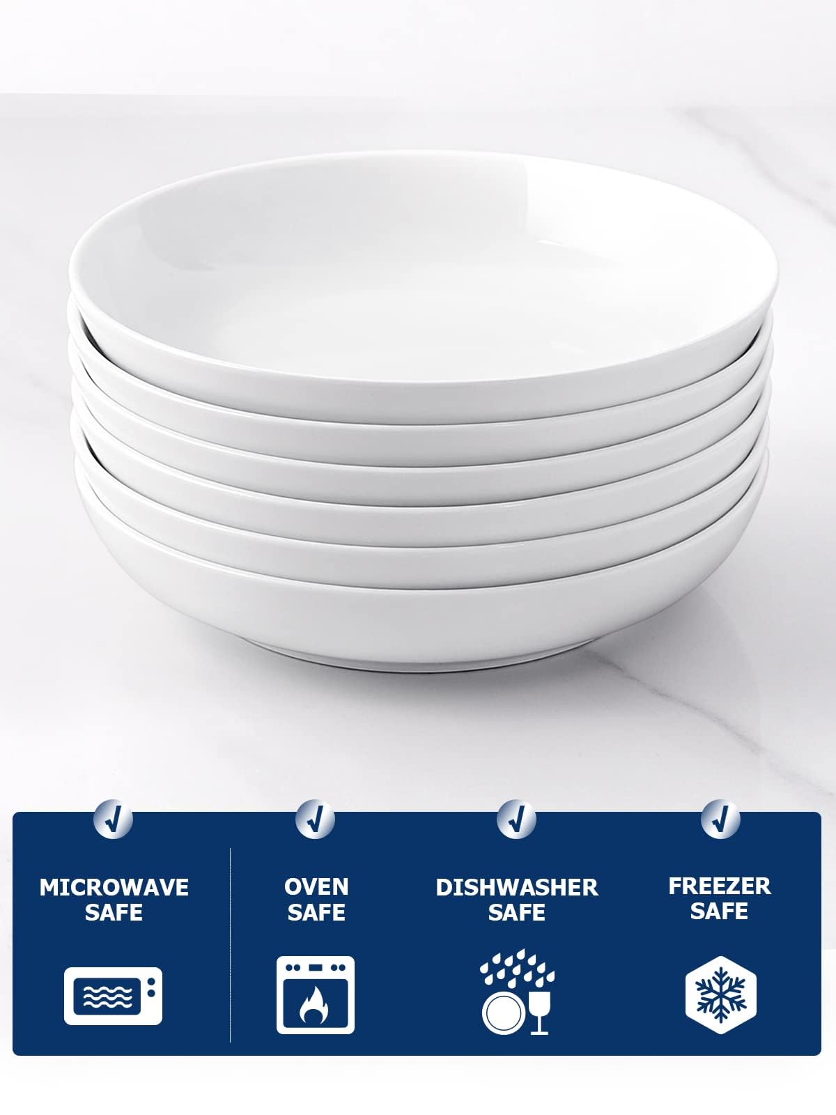 Y YHY 30oz White Porcelain Pasta Bowls Set of 6 - Large Wide Shallow Soup & Salad Serving Bowls, Microwave & Dishwasher Safe - Perfect for Family Dinners, Entertaining Guests & Valentine's Day Gifts