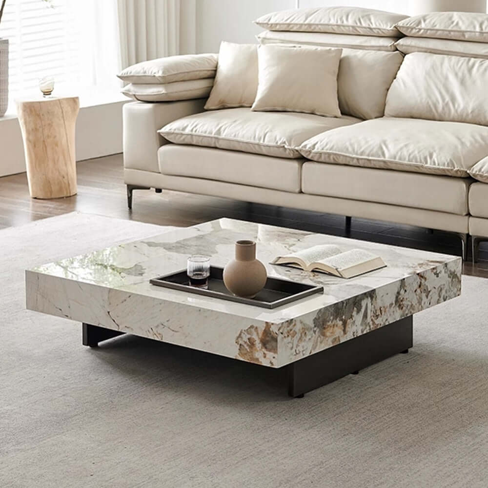 Luxury Square Marble Coffee Table with Metal Legs - Modern Living Room Centerpiece for Home Decor