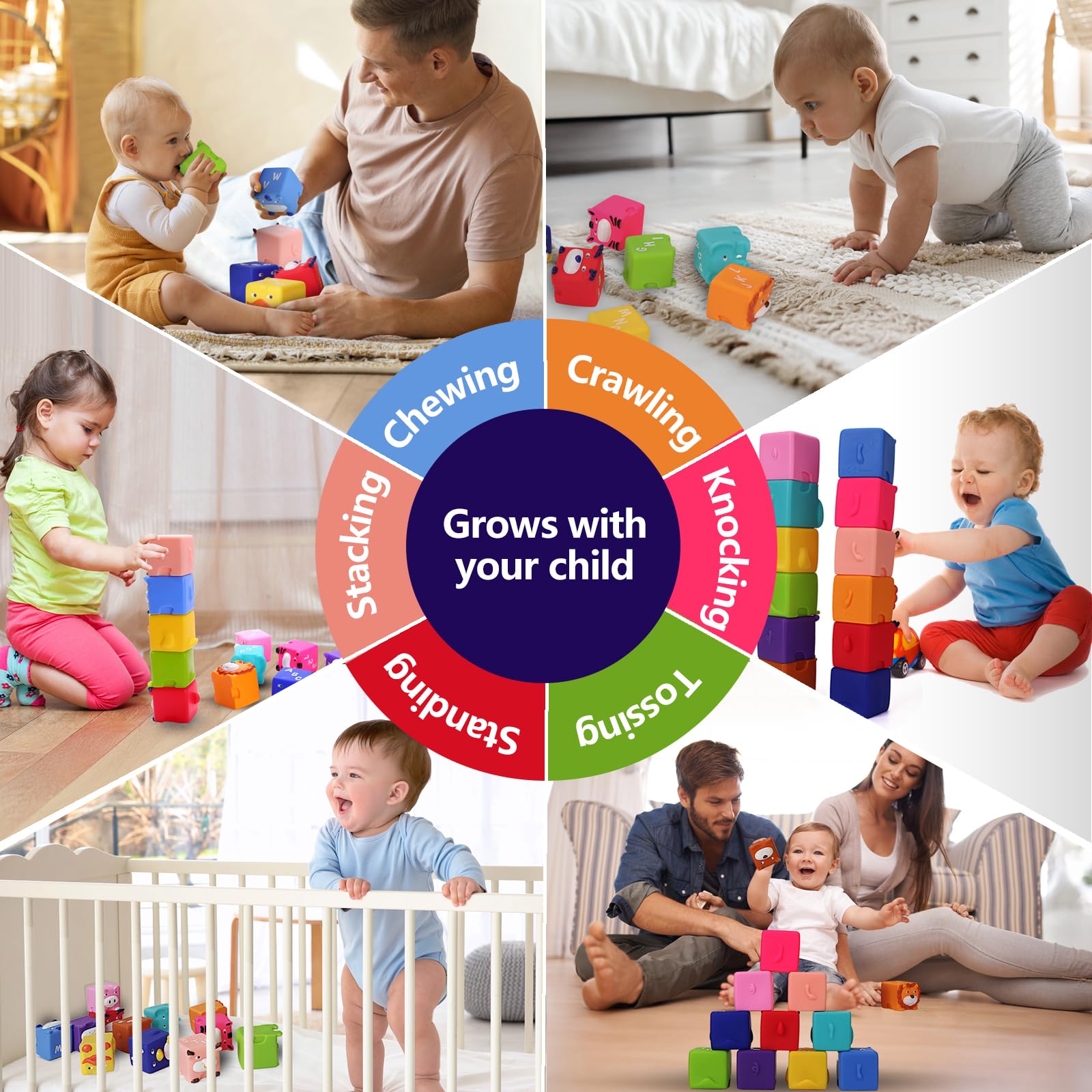 Soft Baby Blocks – 12-Piece Stacking & Building Toys for Babies & Toddlers 6+ Months – No Hole Squeeze Animal Sensory Teething Toys – Perfect for Early Learning, Motor Skills Development & Playtime Fun