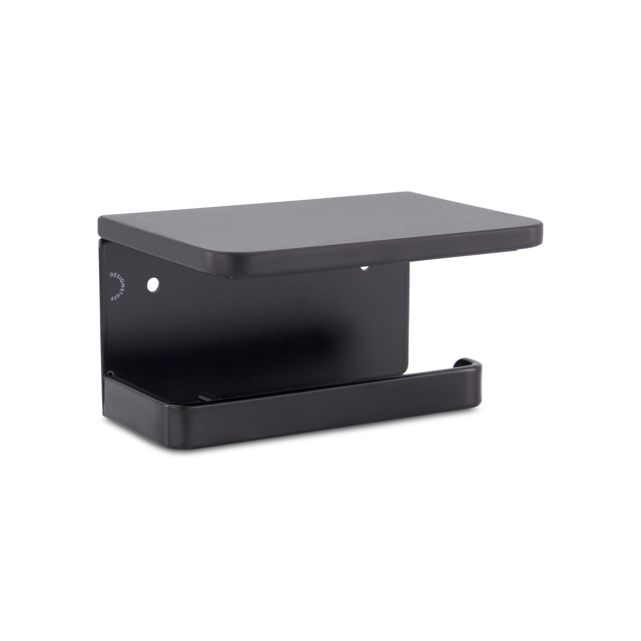 DESIGNSTUFF Black Single Toilet Paper Holder with Shelf - Bathroom Storage Organizer for Small Spaces & Modern Home Decor