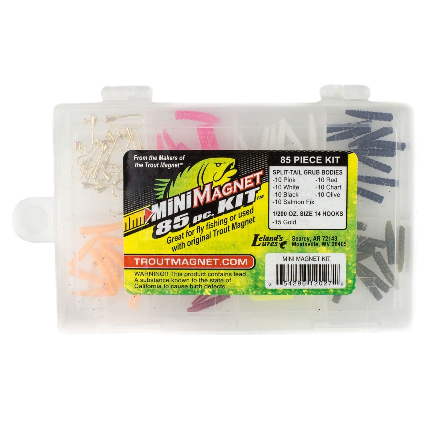 Leland's Lures Trout Magnet 85 Piece Mini Magnet Kit - 70 Grub Bodies & 15 Size 14 Hooks for Fly Fishing | Catches Trout, Bass & Panfish | Perfect for Streams, Rivers & Lakes