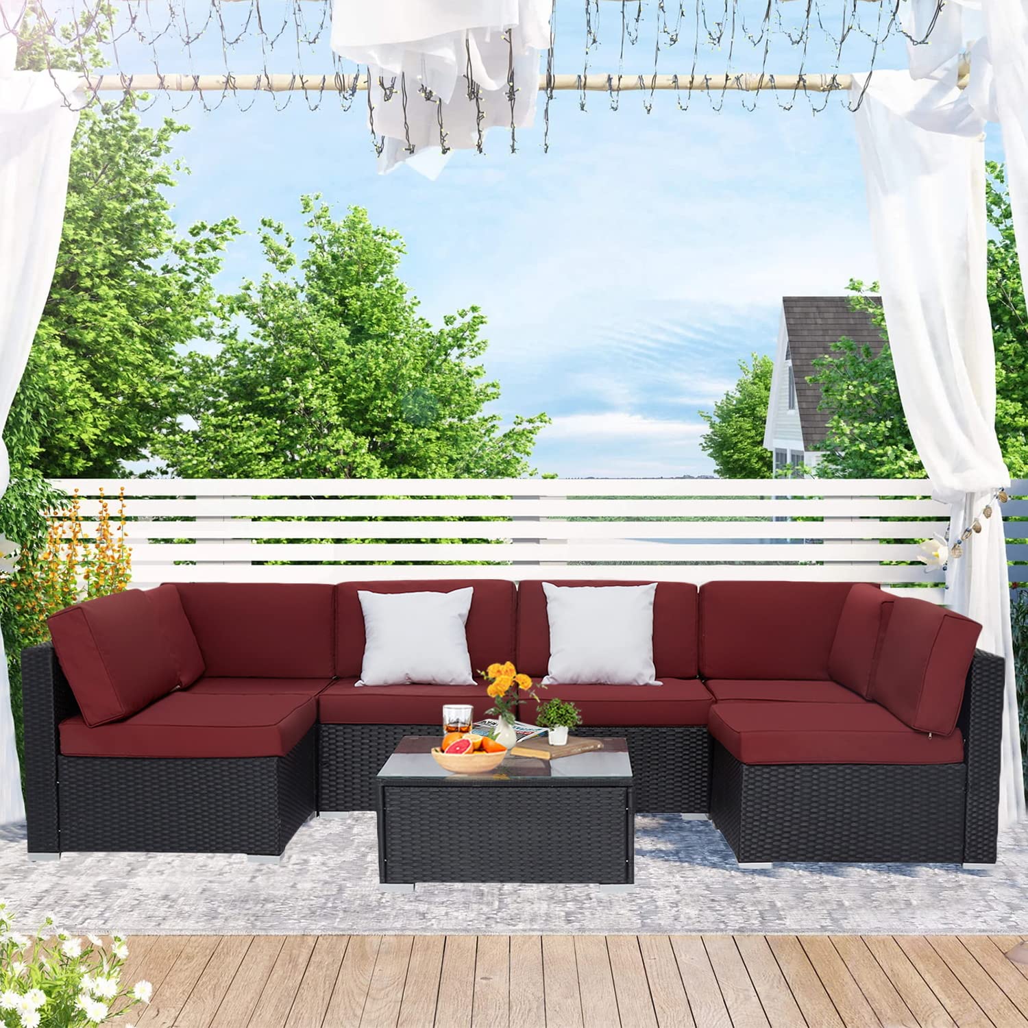 7-Piece Patio Furniture Set Outdoor Sectional Sofa Wicker Rattan Conversation Set with Cushions & Coffee Table - Burgundy Red for Porch, Garden, Backyard, Poolside & Outdoor Entertaining