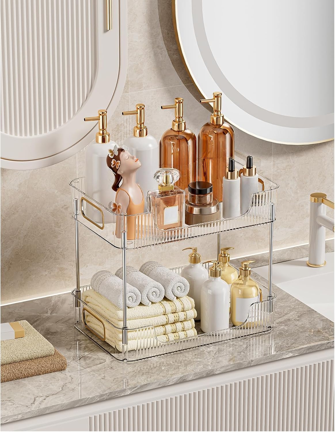 2-Tier Clear Bathroom Countertop Organizer - Cosmetic & Skincare Storage Tray for Perfume, Makeup, Jewelry - Vanity Dresser & Sink Organizer - Perfect for Small Space Bathroom Organization