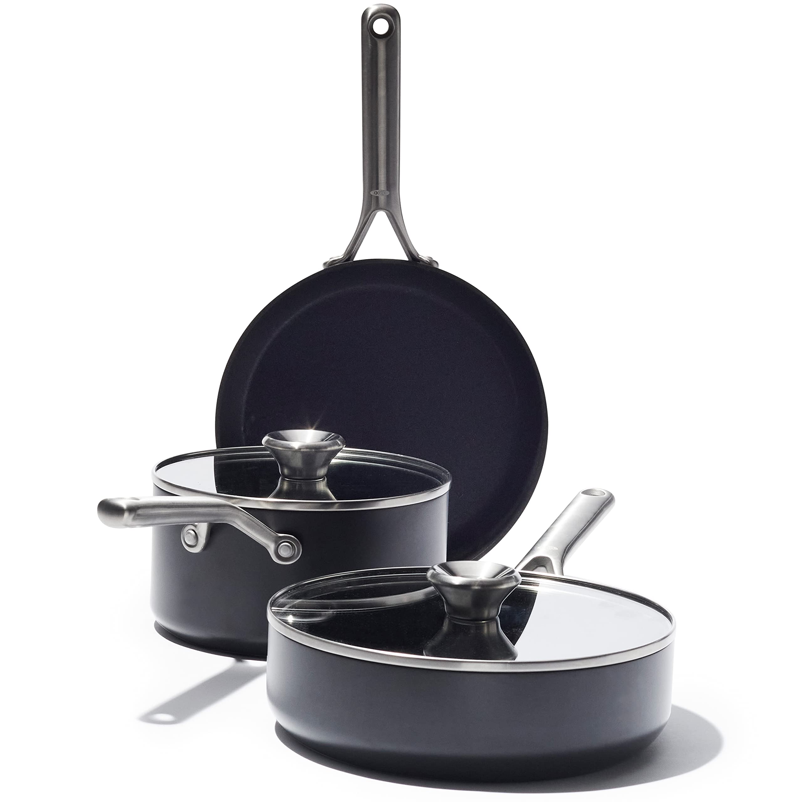 OXO Professional 5-Piece Nonstick Cookware Set - Hard Anodized PFAS-Free Ceramic Coating, Diamond Reinforced, Induction Compatible, Stainless Steel Handles, Oven & Dishwasher Safe - Perfect for Sautéing, Frying & Everyday Cooking