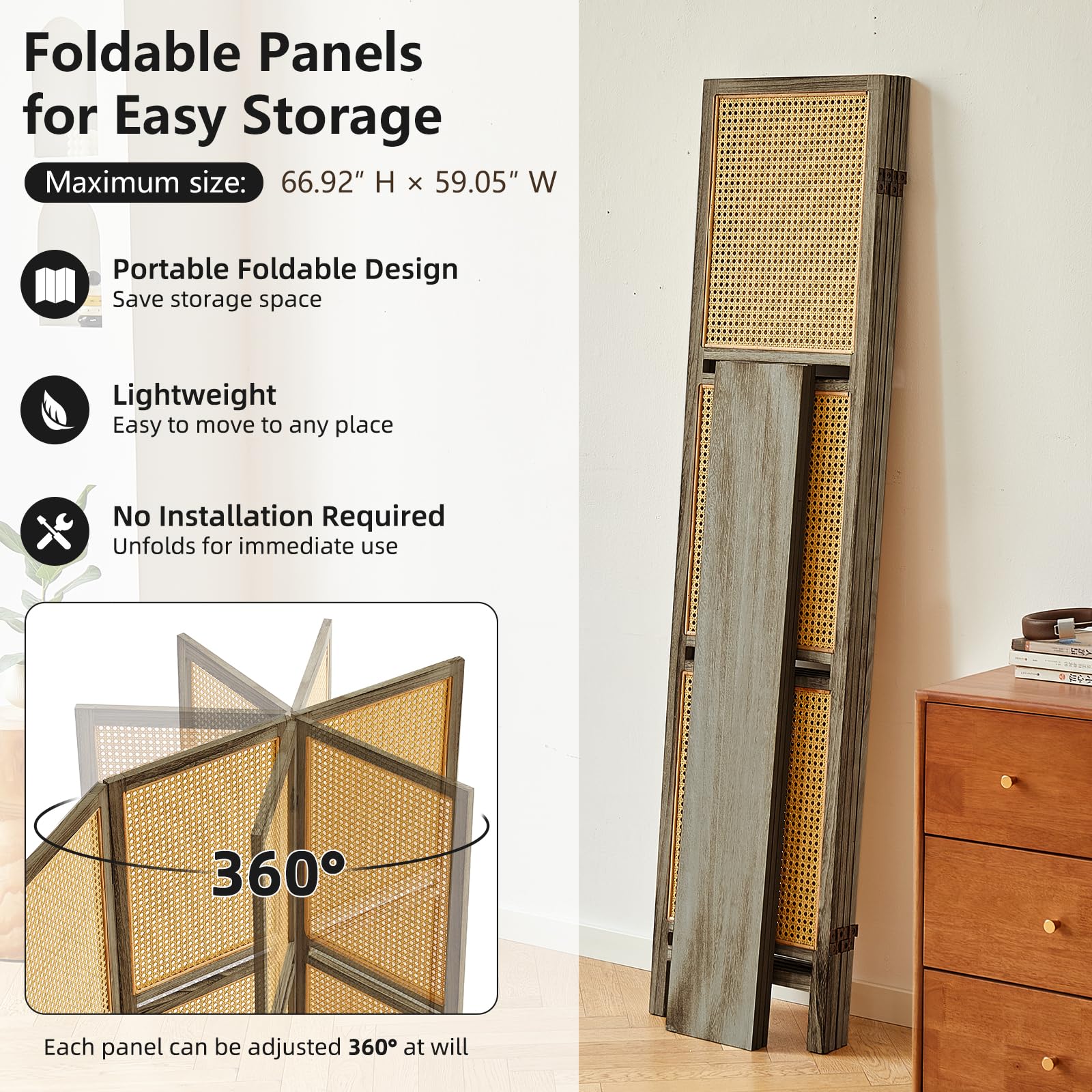 4 Panel Wooden Room Divider with Shelves - Foldable Rattan Privacy Screen, Portable Partition for Home & Office - Perfect for Room Separation, Dressing Room, Studio, or Event Decoration (Brown)