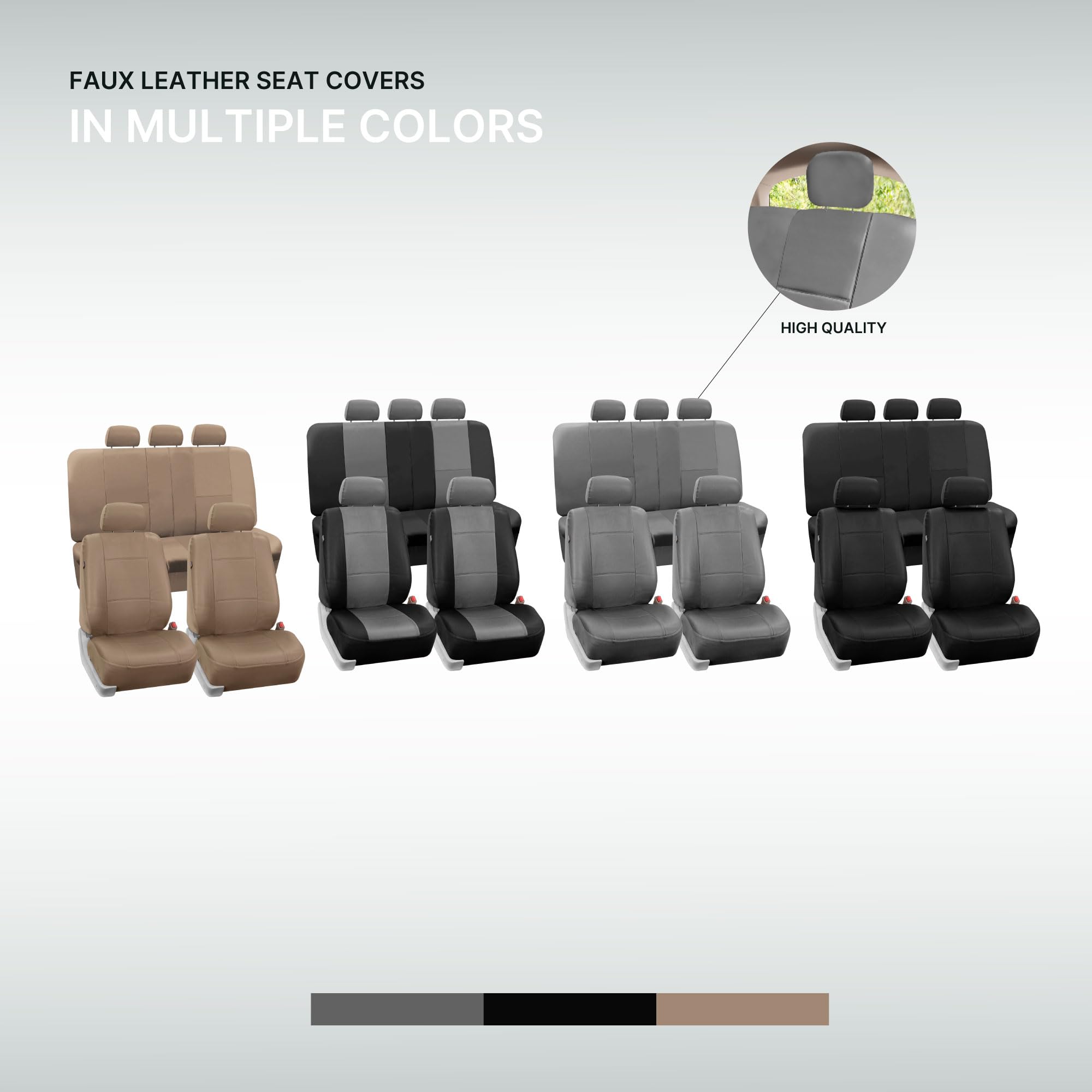 Premium PU Leather Car Seat Covers Full Set - Solid Gray Universal Fit for Small Cars, Trucks & SUVs | Airbag Compatible Split Bench Design | Tan Interior Accessories for Comfort & Style | Perfect for Daily Commute, Road Trips & Vehicle Protection