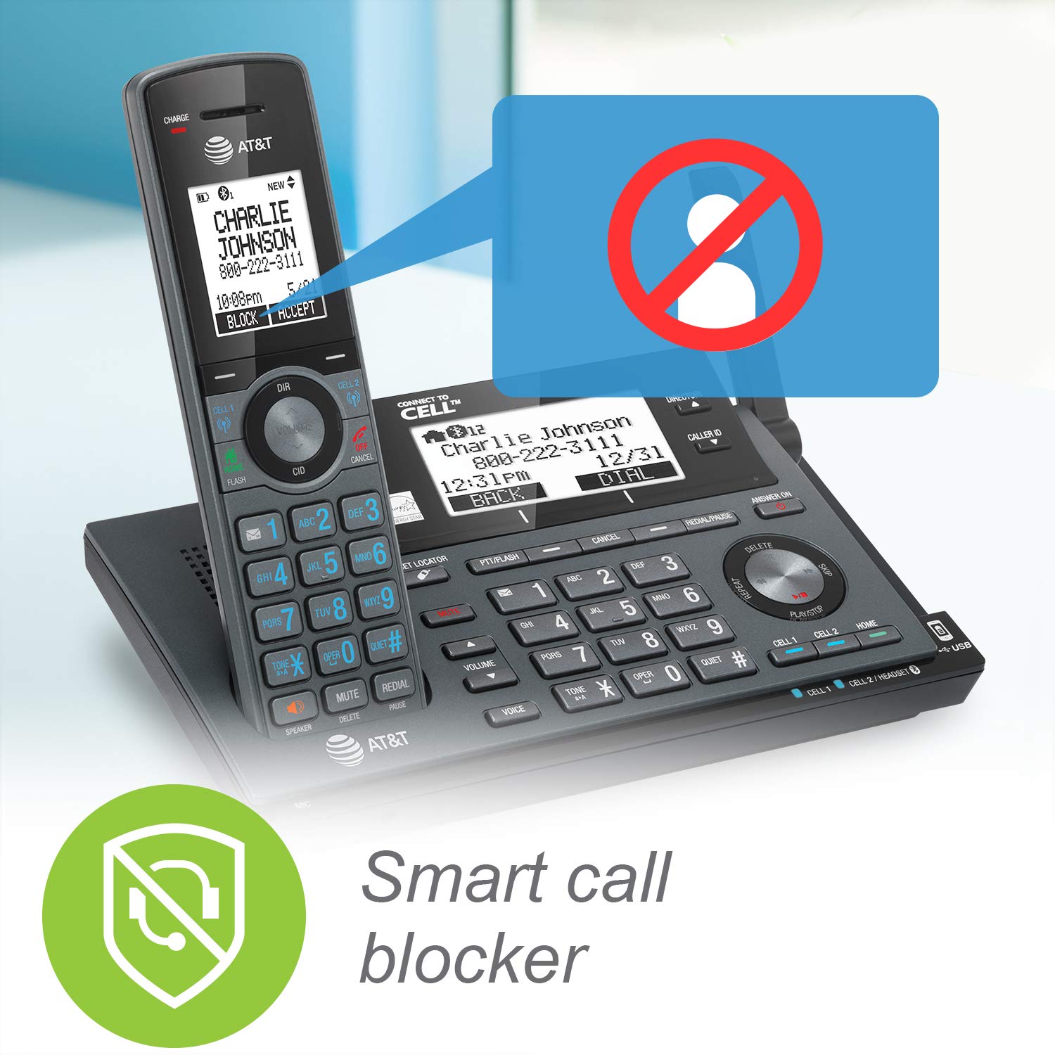 AT&T CLP99387 DECT 6.0 Expandable Cordless Phone with Bluetooth | Connect to Cell & Smart Call Blocker | Answering System | 3 Handsets in Metallic Blue | Ideal for Home & Office Communication