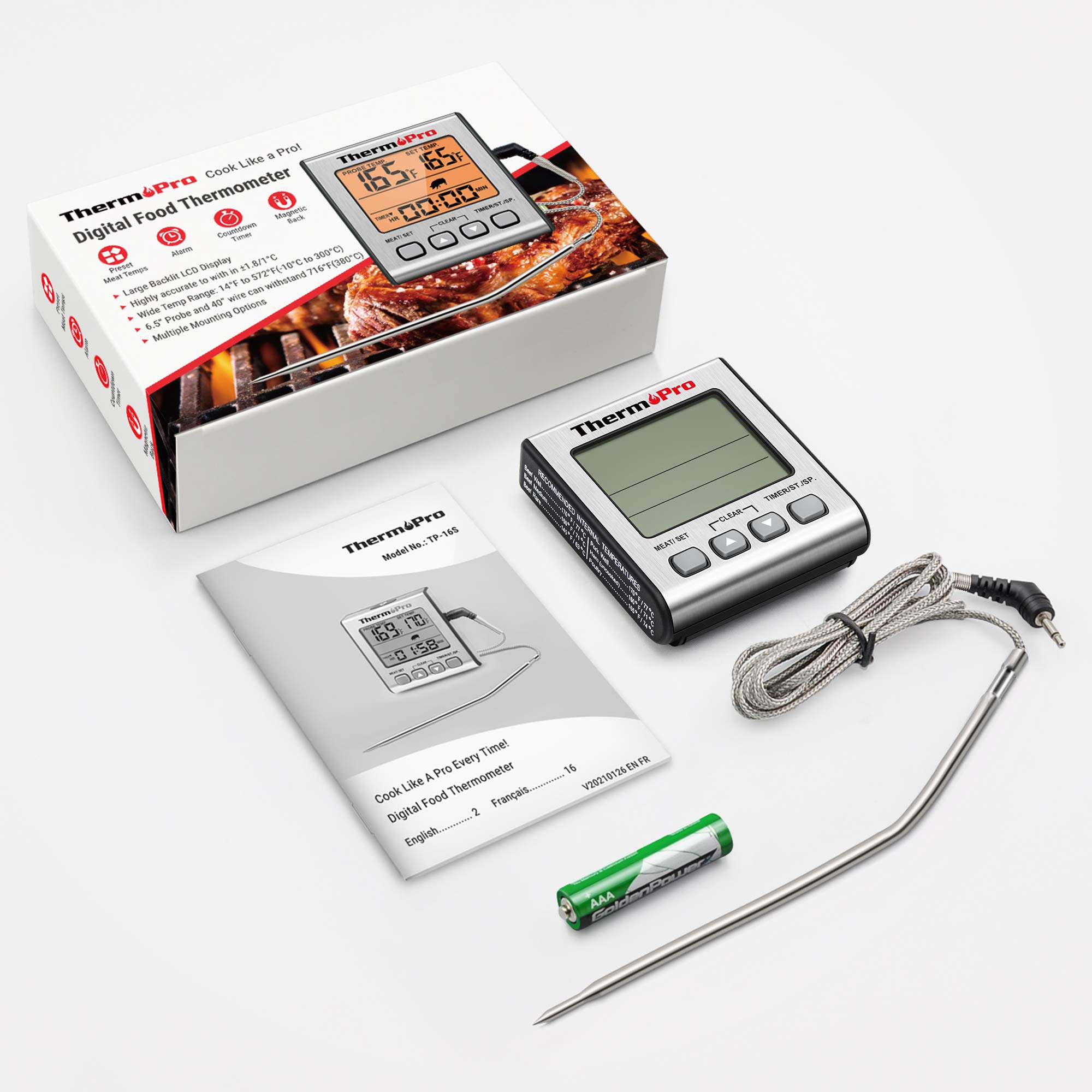 ThermoPro TP16S Digital Meat Thermometer for Grilling & BBQ - Smart Timer Mode & Backlight - Perfect for Cooking, Smoking, and Outdoor Cooking