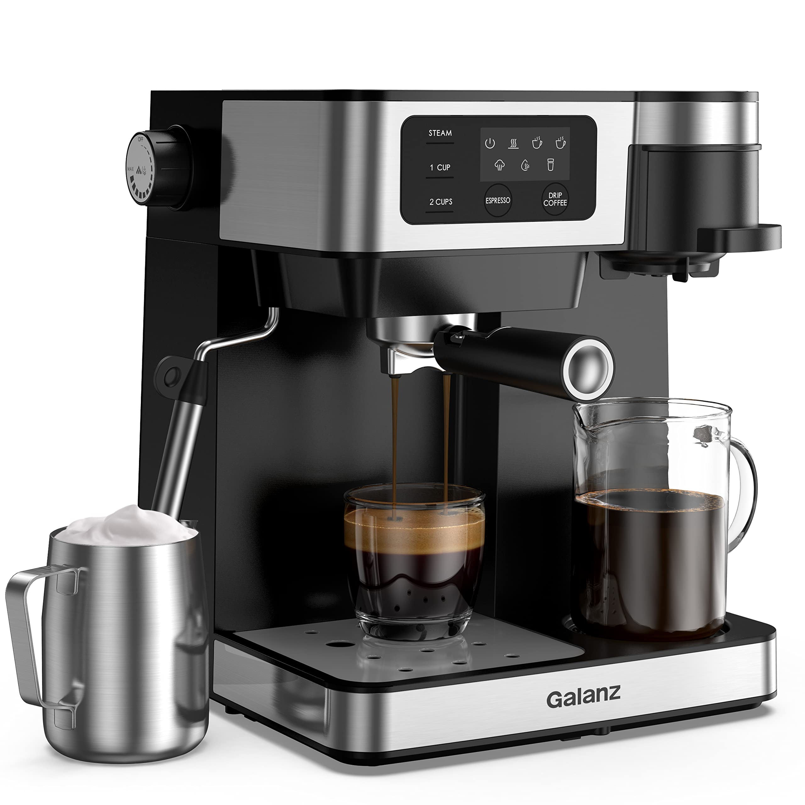 Galanz 2-in-1 Espresso and Coffee Maker with Milk Frother - 1.2L Removable Water Tank, LED Touch Display - Perfect for Home, Office, and Small Cafes - Make Lattes, Cappuccinos, and Single-Serve Coffee (Black & Stainless Steel)