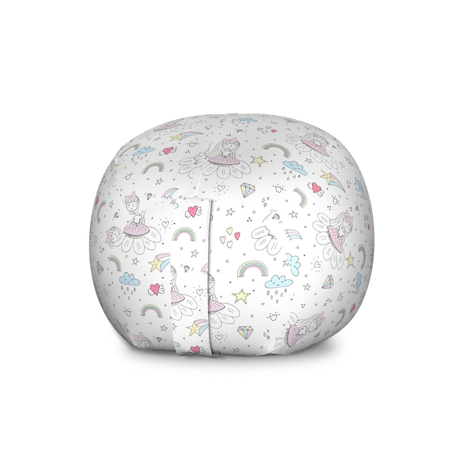 Ambesonne Cartoon Toy Storage Bag Chair - Floral Girl Design with Colorful Diamonds, Clouds & Stars - Large Washable Stuffed Animal Organizer - White & Multicolor - Perfect for Kids' Room Decor & Playroom Organization