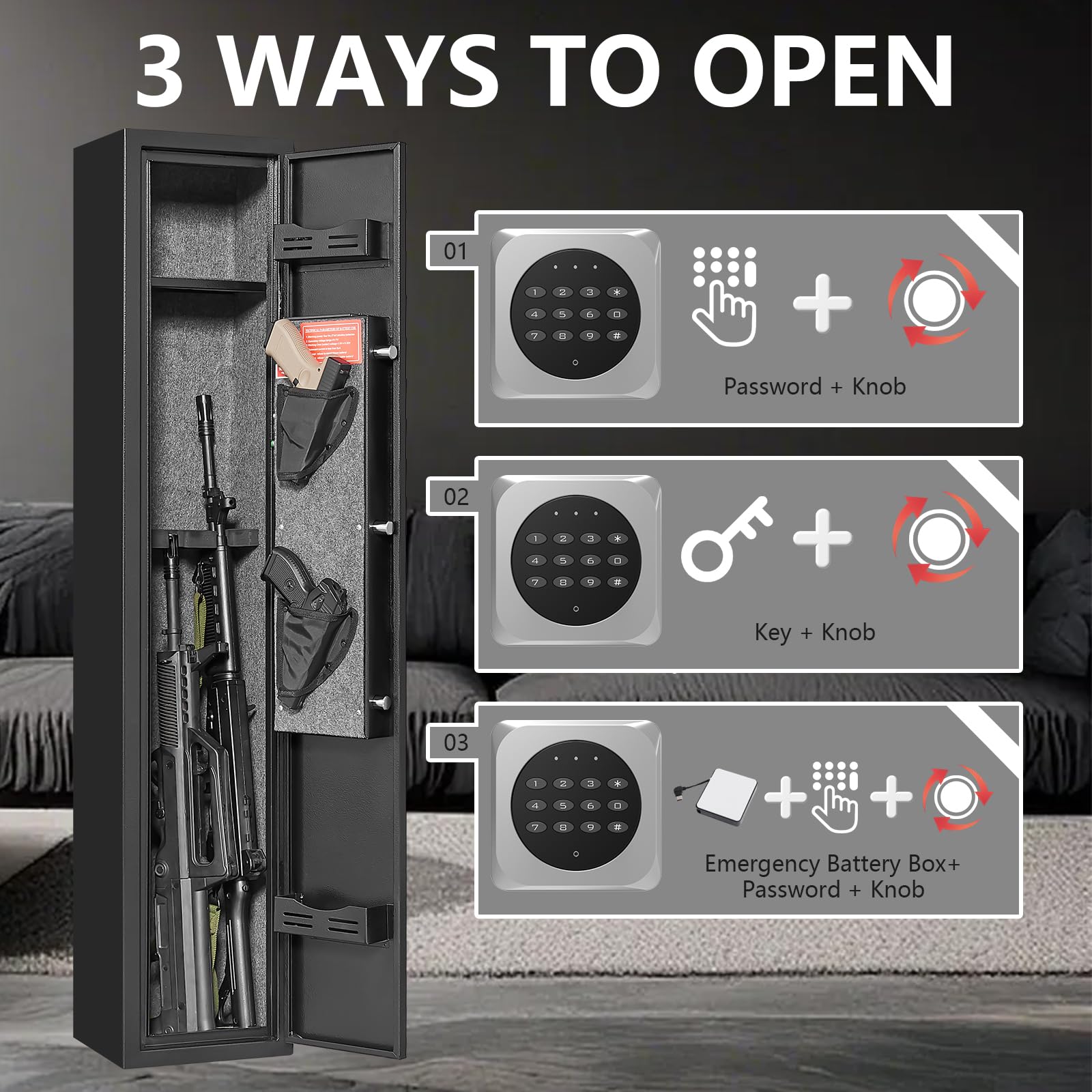 2 Gun Safe with Alarm System - Quick Access Electronic Rifle & Pistol Cabinet for Home & Office Security - Includes Removable Shelf, Pistol Bags & Ammo Rack - Ideal for Bedroom, Closet & Vehicle Storage