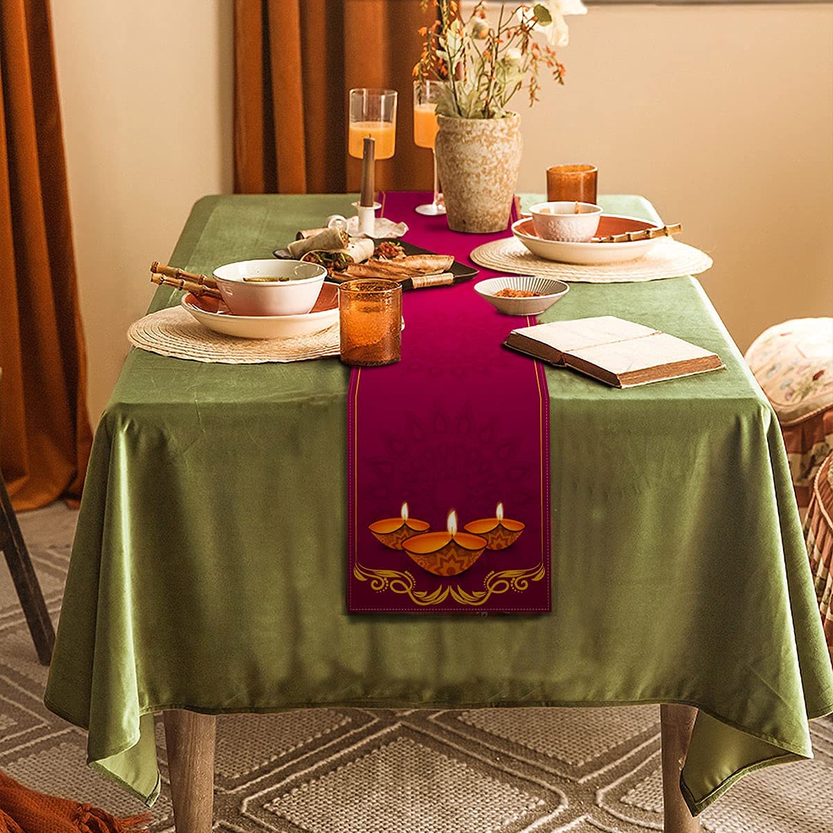 Pudodo Diwali Table Runner 13x72 Inch - Indian Festival of Lights Decor for Holiday Parties, Dining Table & Home Decoration | Perfect for Diwali Celebrations, Thanksgiving & Christmas Dinner Settings