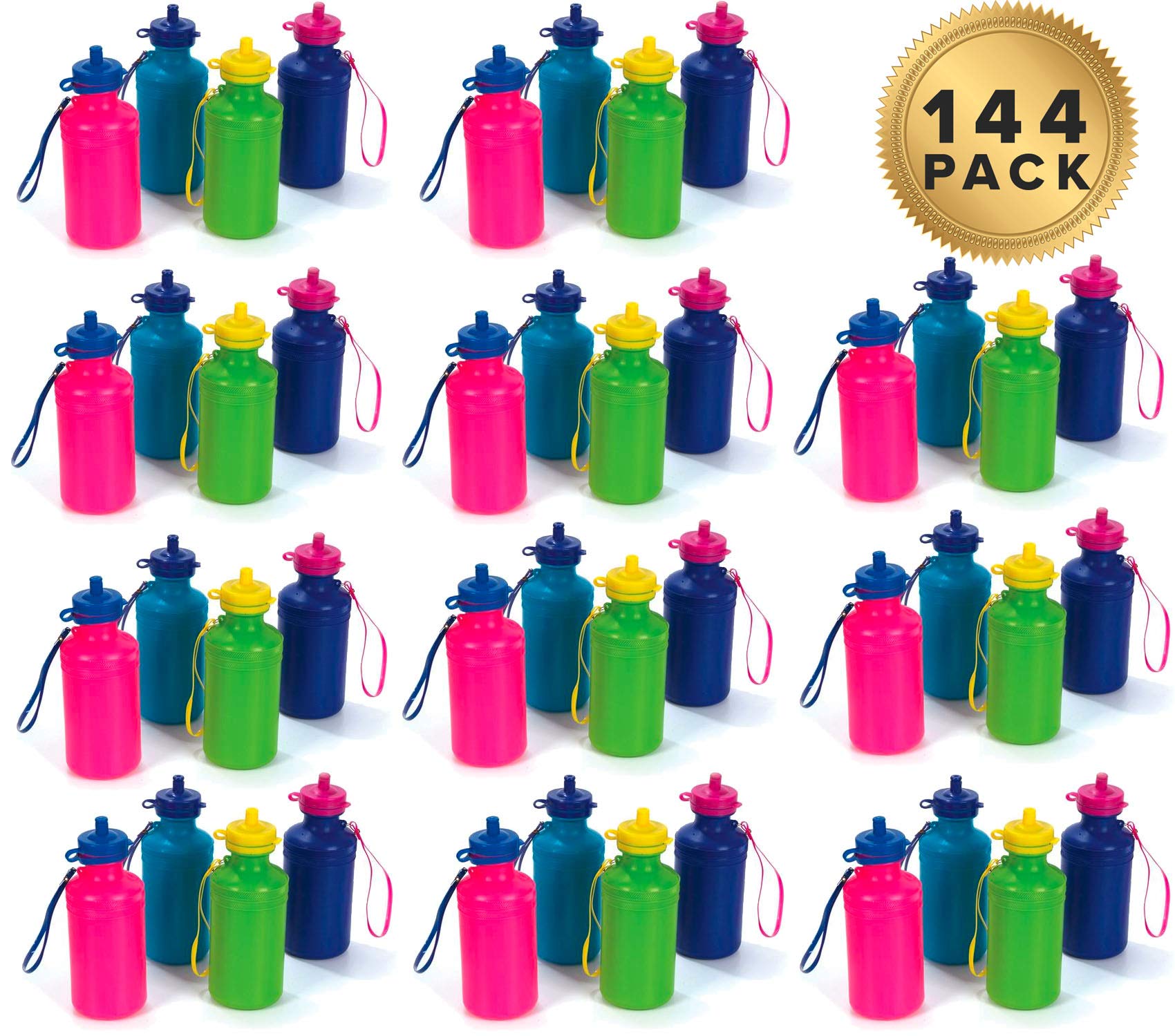 144 Neon Water Sports Bottles for Bikes & Outdoor Activities | Bulk Pack of 7.5-inch Hydration Bottles with Wrist Strap | Summer Beach, Pool, Hiking & Sports Accessory | Holds 18oz Drinks for Kids & Adults (144 Pack)