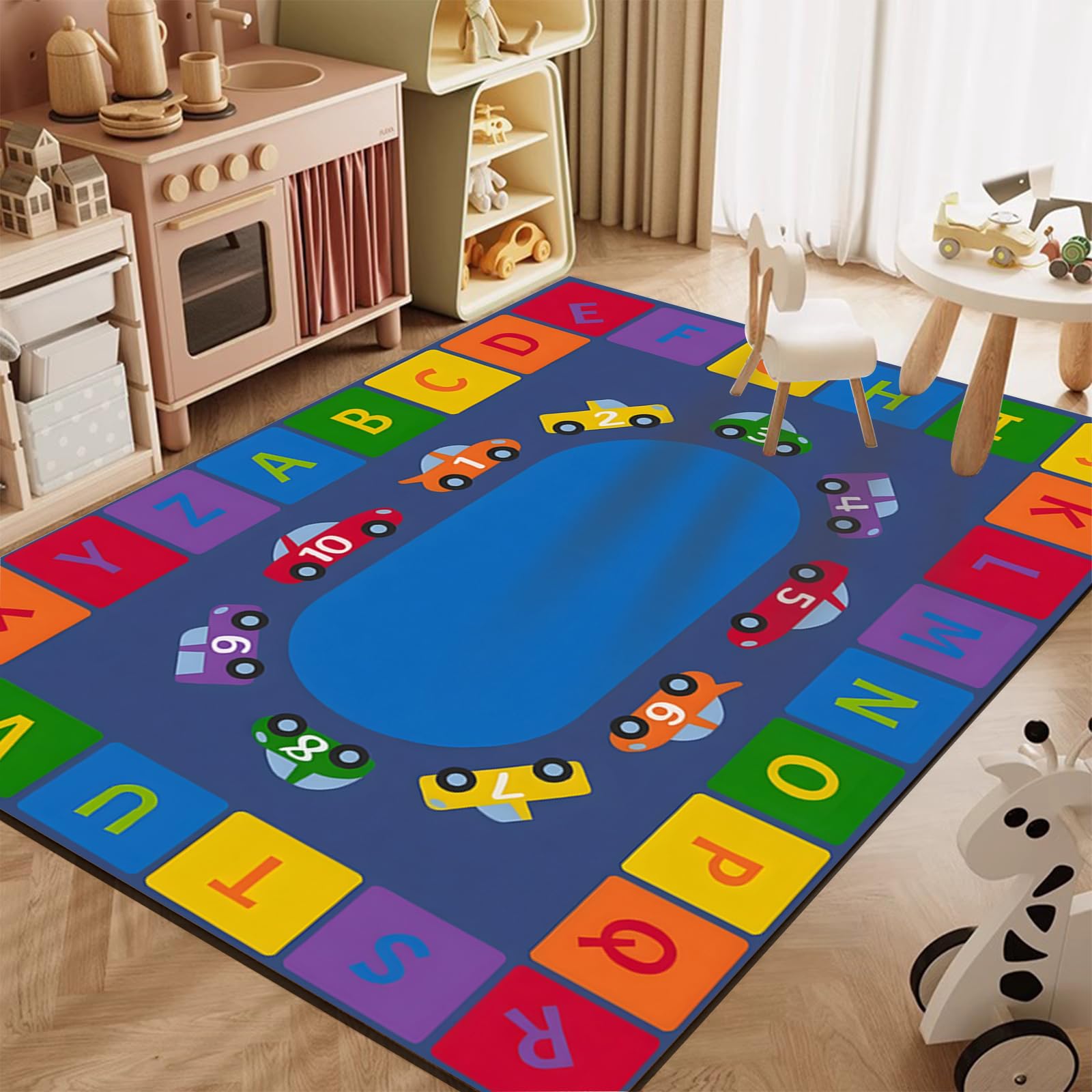 ABC Rainbow Oval Living Rug 5x8ft - Cartoon Car ABC 123 Kids Rug with Non-Slip Backing | Low Pile No Crease Indoor Play Mat for Kindergarten, Nursery & Study Room | Perfect for Learning, Playtime & Room Decor