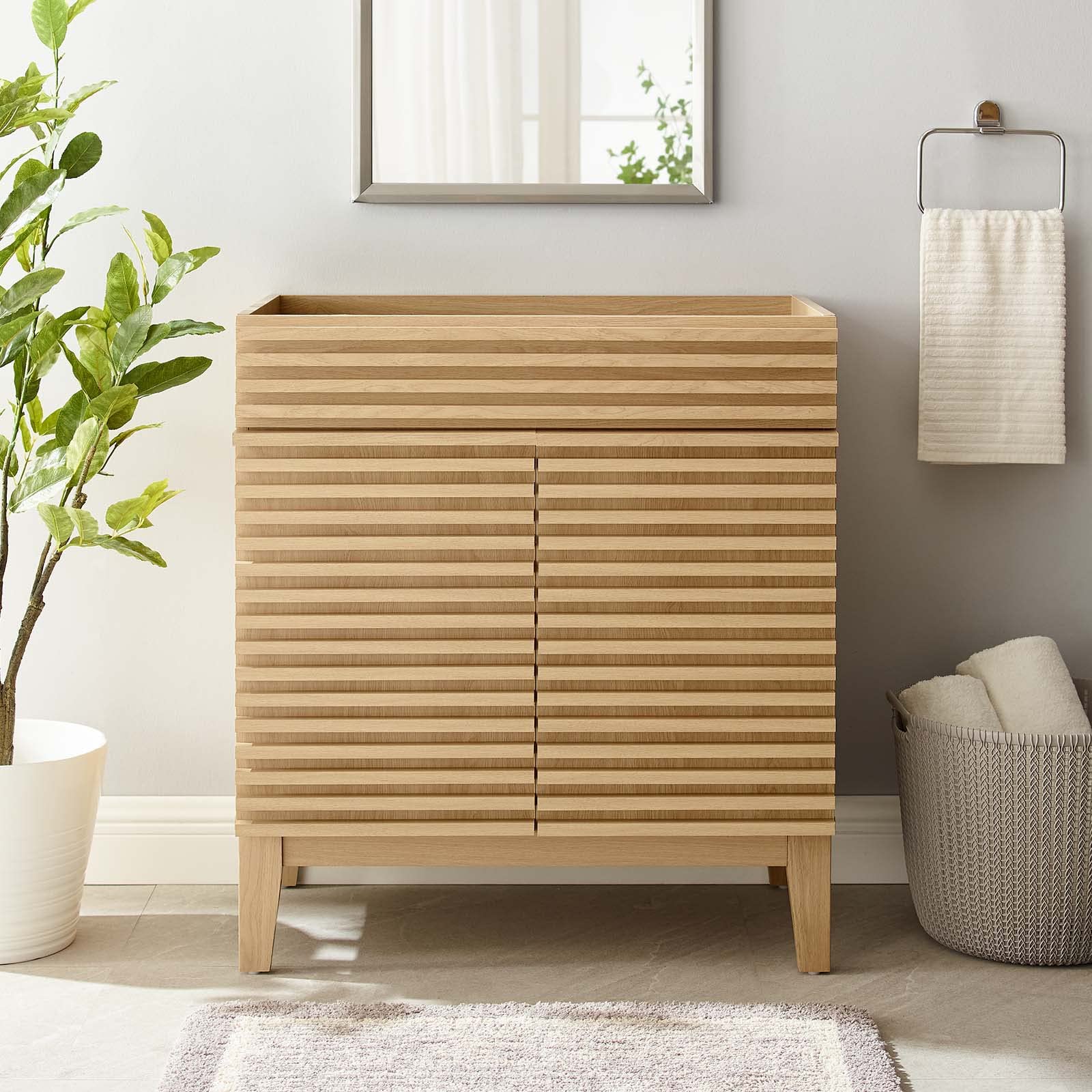 Modway Render 30 Inch Oak Bathroom Vanity with Mirror - Modern Single Sink Cabinet for Bathroom Remodel (Sink Basin Not Included) | Perfect for Small Bathrooms, Powder Rooms & Home Renovations