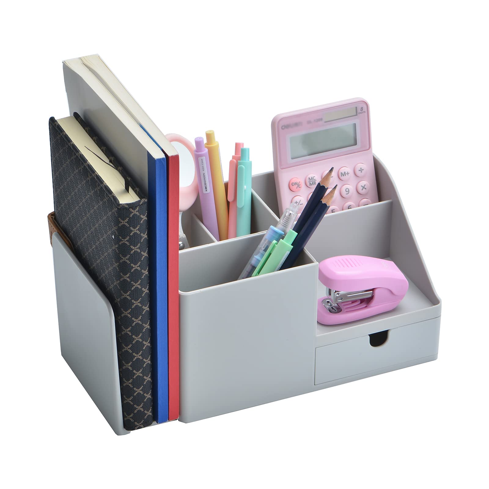 White Multifunctional Desk Organizer with Bookshelf & Drawer - Office Stationery & Makeup Storage Box, Small Grey - Perfect for Home Office, Study & Workspace Organization