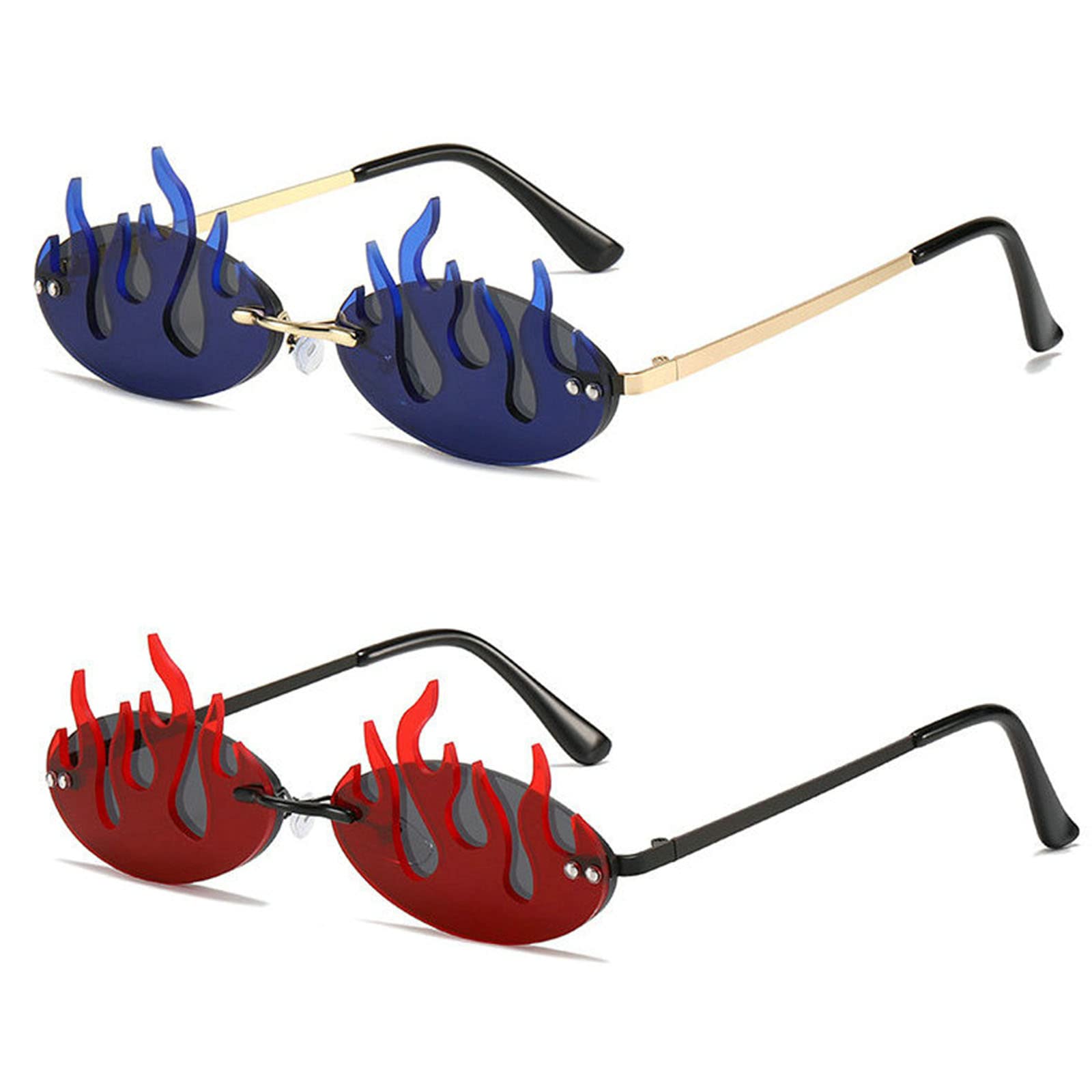 Trendy Oval Rimless Fire Flame Sunglasses for Women & Men - Small Frame Fashion Eyewear for Party, Halloween, Cosplay & Summer Outfits