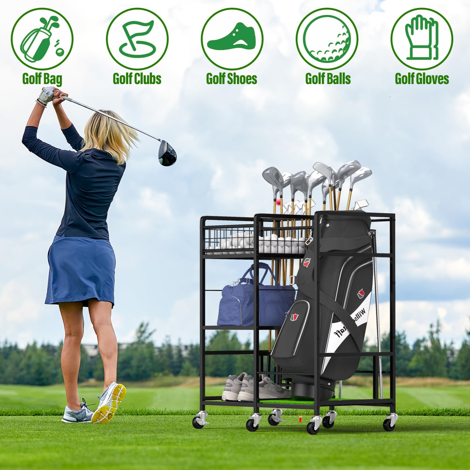 Premium Golf Bag Organizer - Heavy Duty Metal Golf Club Holder with Side Storage Pockets | Freestanding Golf Stand for Clubs & Accessories | Perfect for Home, Garage & Golf Course Organization