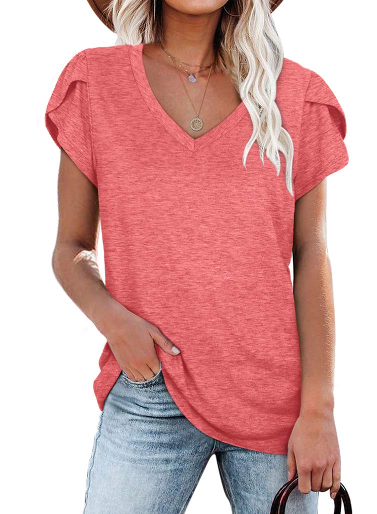 WIHOLL Women's V-Neck Summer T-Shirts with Petal Sleeves - Casual Blouse for Work, Date & Vacation | Breathable Comfort Top for Hot Weather