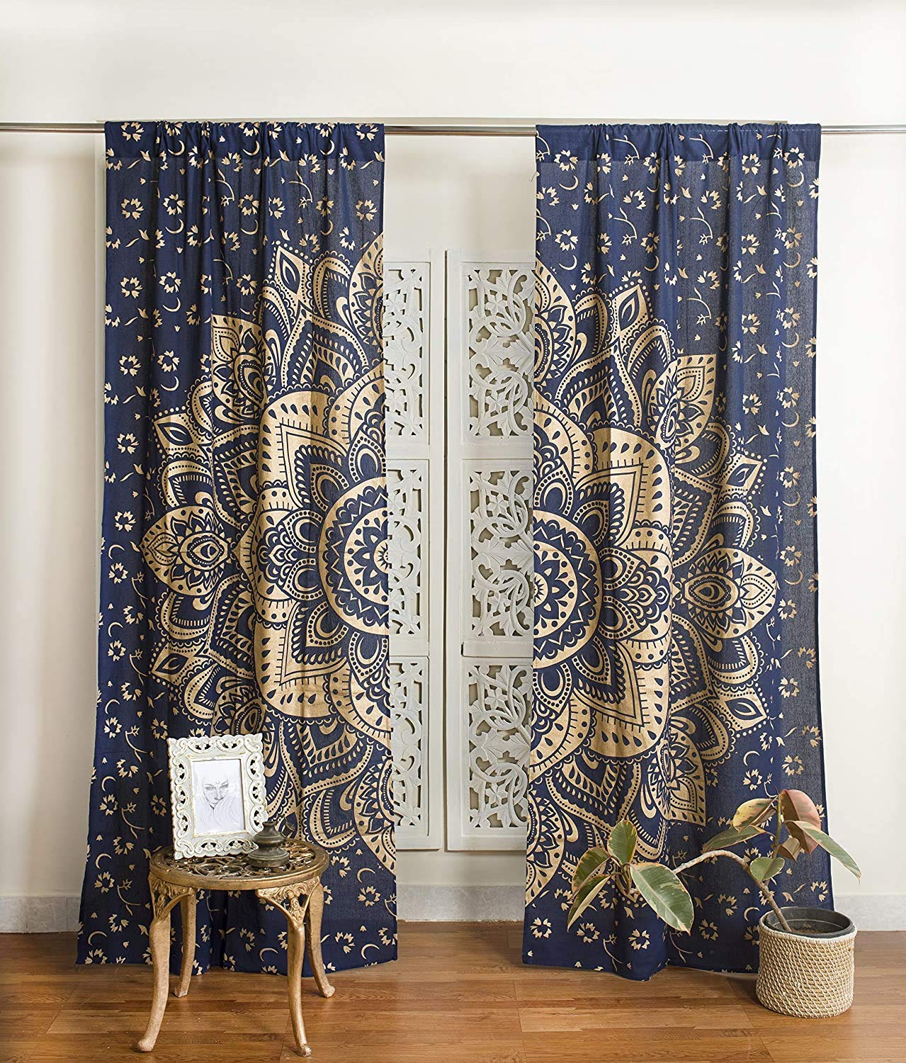 Indian Mandala Cotton Window Curtains - Boho Door Drapes, Meditation Room Tapestry & Wall Hanging Decor for Living Room, Bedroom, Kitchen - Psychedelic Window Treatments & Room Divider for Yoga Spaces & Bohemian Home Decor