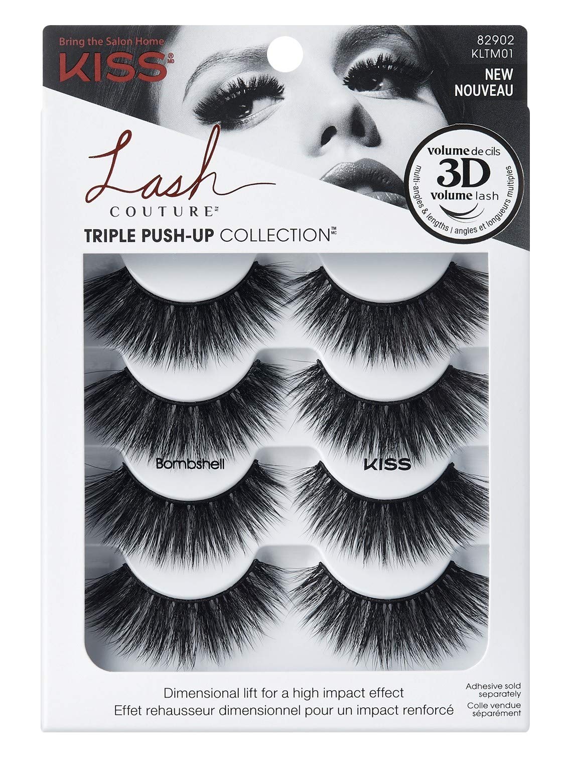 Kiss Lash Couture Triple Push-Up False Eyelashes - Bombshell Volume (Pack of 2) | Dramatic Eye Makeup for Parties, Weddings & Special Occasions