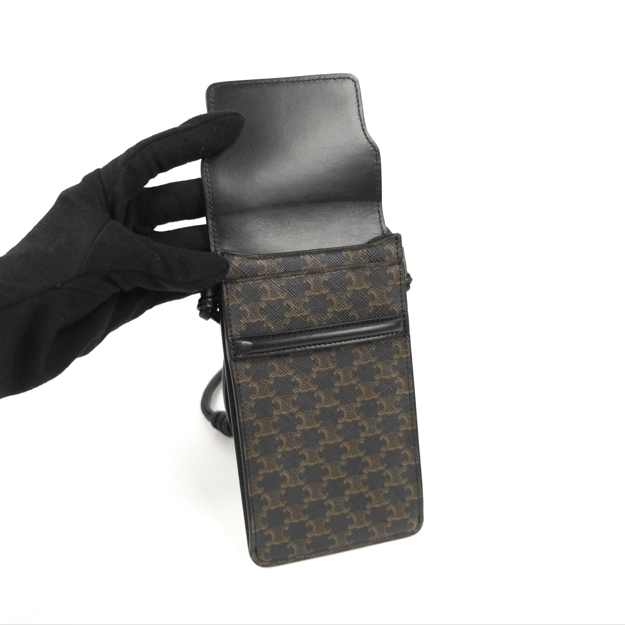 Celine Triomphe Canvas Phone Pouch with Flap - Black Lambskin Leather Crossbody Bag for Women | Perfect for Everyday Use, Travel & Special Occasions