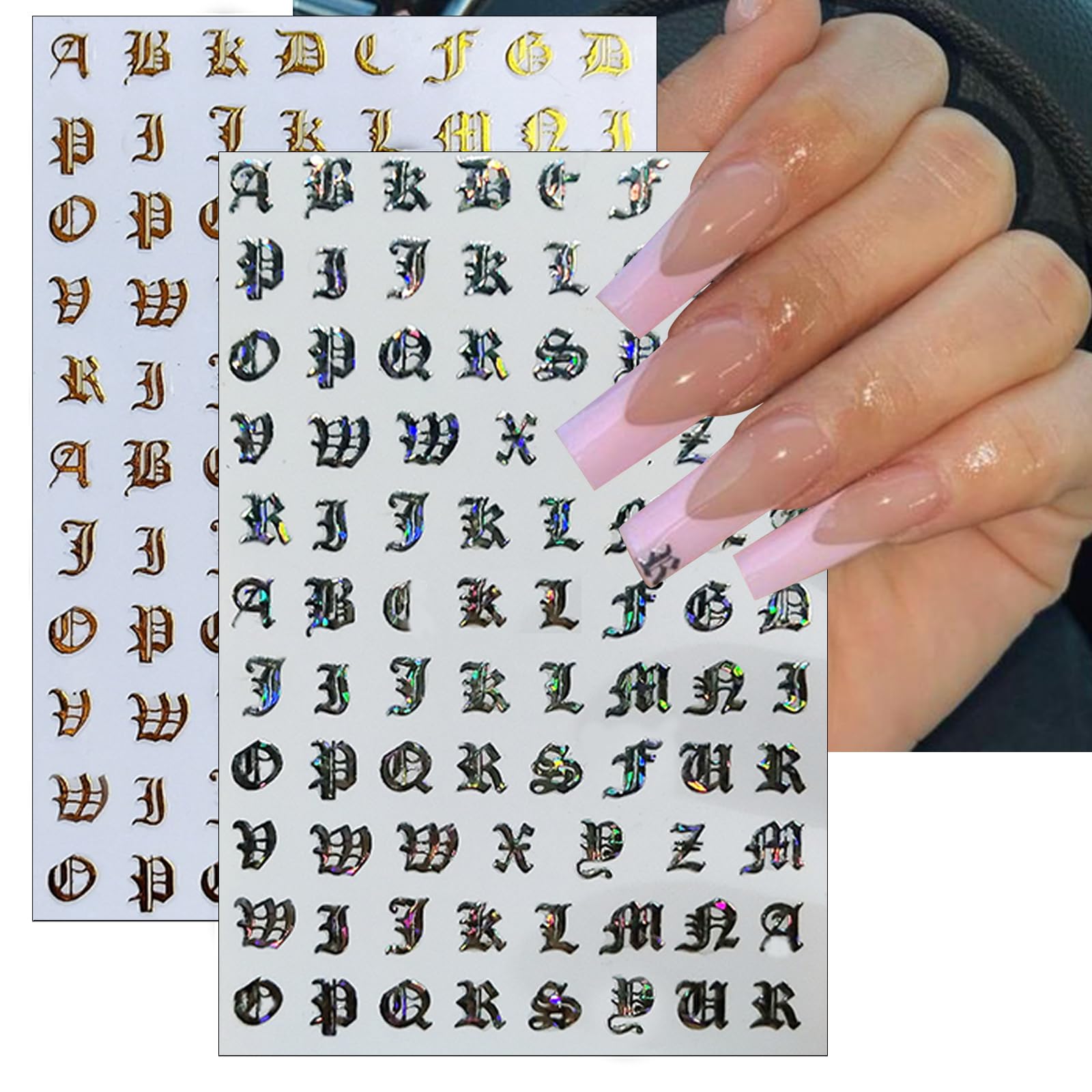 Vintage Black & White English Letter Nail Art Stickers - 8 Sheets Laser Glitter Gold Alphabet Nail Decals for Women & Girls | DIY Nail Design for Parties, Weddings, Holidays & Special Occasions