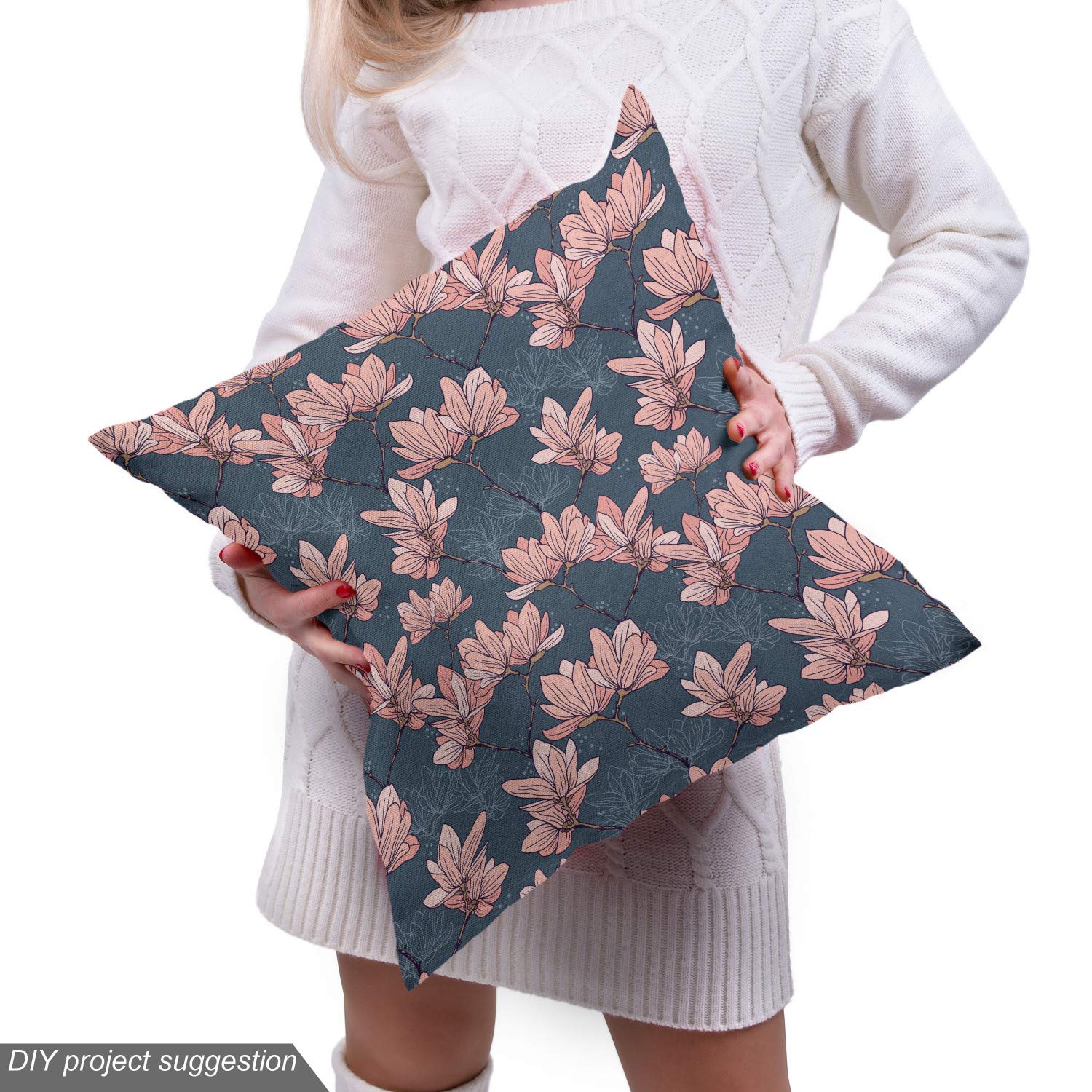 Ambesonne Japanese Style Magnolia Flowers Fabric by The Yard - 2 Yards Dark Blue Coral Floral Print - Decorative Upholstery Fabric for Sofa, Curtains & Home Decor - Perfect for DIY Projects, Pillow Covers & Table Runners