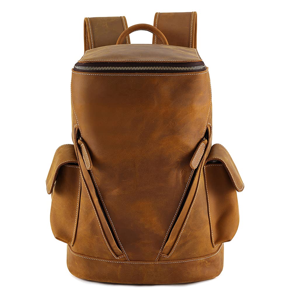 Vintage Crazy Horse Leather Backpack for Men - Large Capacity Durable Travel Backpack - Brown Genuine Leather Rucksack for Outdoor, Hiking, Commuting & Daily Use