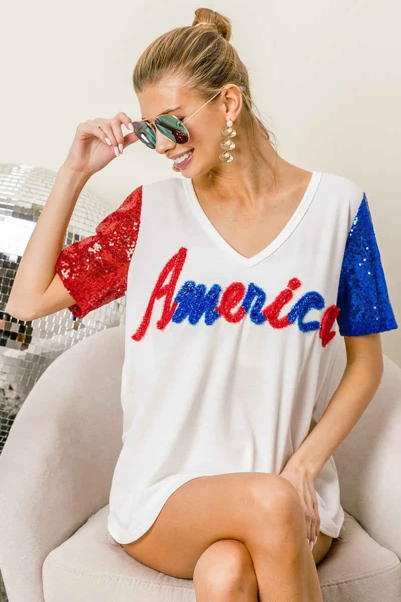 BiBi Metallic Letter V-Neck Sequin Sleeves Top for Women | Party Wear, Club Outfit, Evening Dress, Special Occasion Fashion