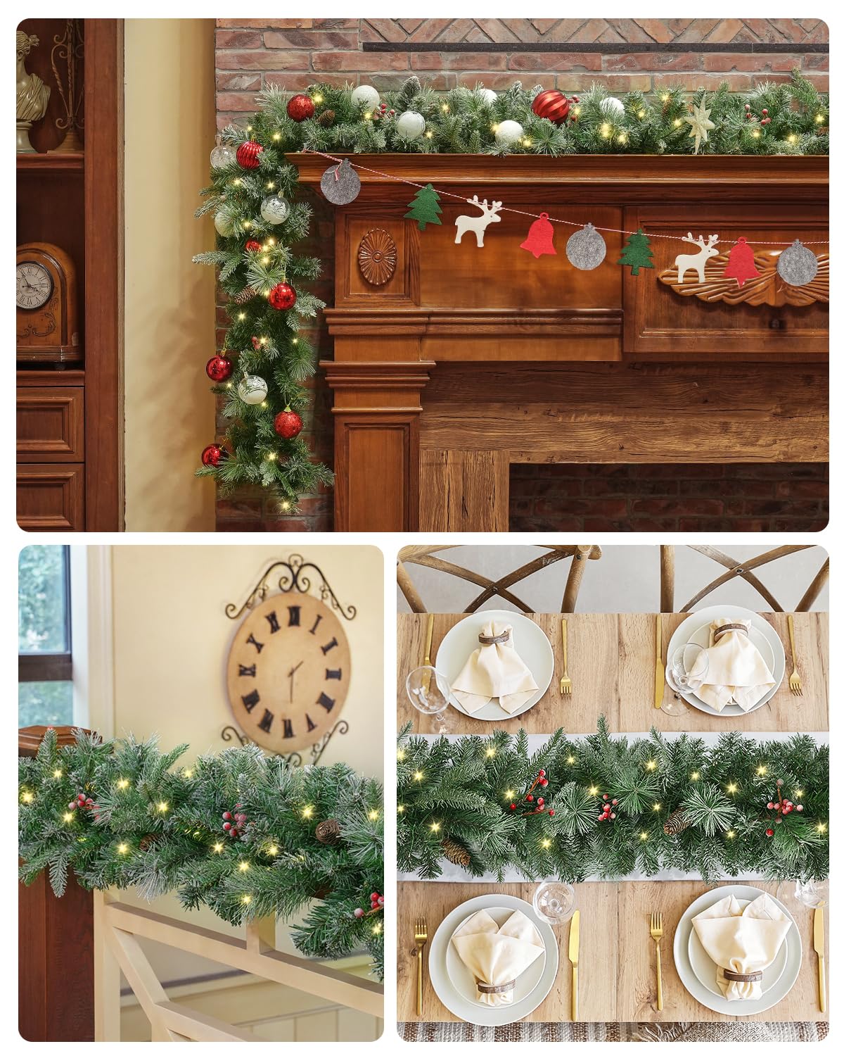 9FT Pre-lit Christmas Garland with Pine Cones & Berries - 50 LED Battery Operated Snowy Garland with Timer - PVC & PE Holiday Decor for Stairs, Fireplace, Mantel, Front Door & Indoor/Outdoor Christmas Decorations