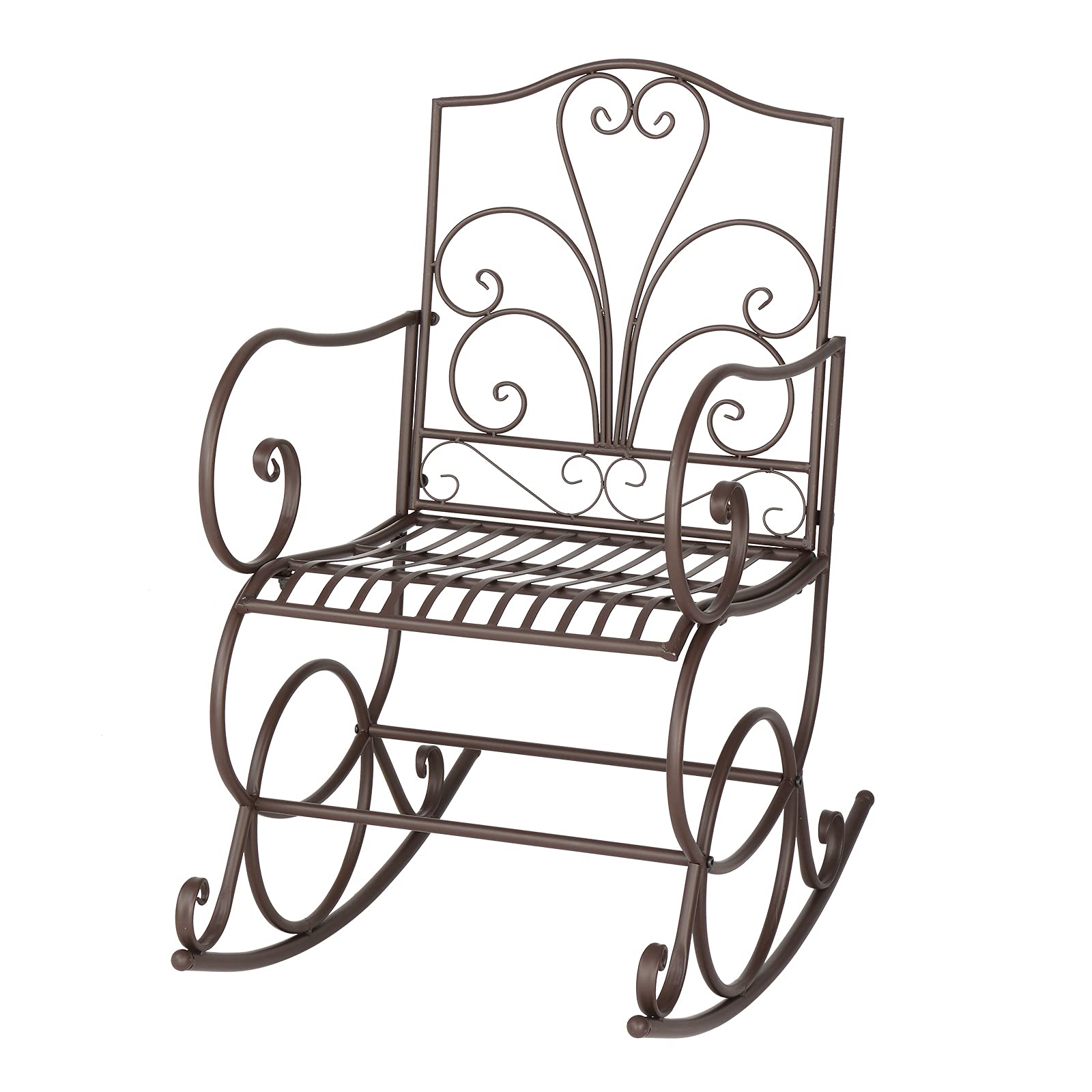 Elegant Brown Flower-Shaped Iron Rocking Chair for Outdoor Park & Garden Relaxation - Perfect for Patio, Porch, and Backyard Lounging