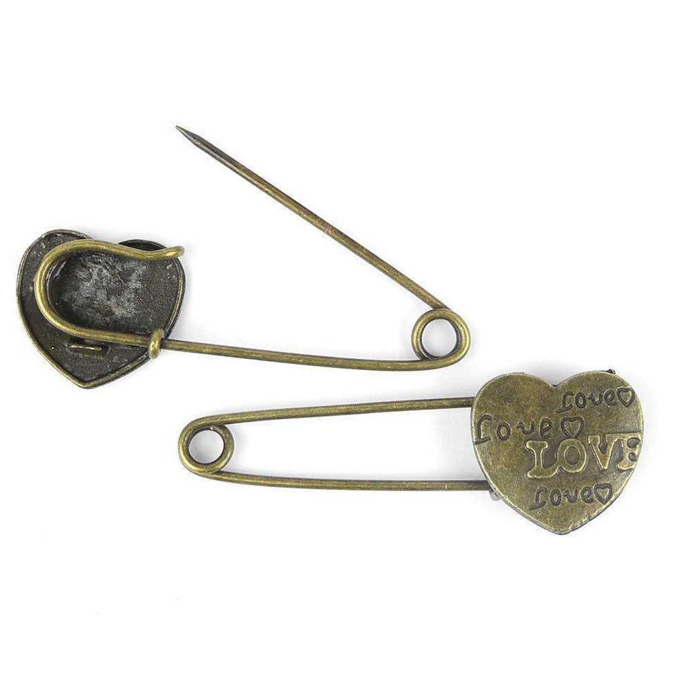 100PCS Antique Bronze Heart Safety Pin Charms for Jewelry Making, DIY Crafts, Beading - Perfect for Brooches, Bracelets & Necklaces