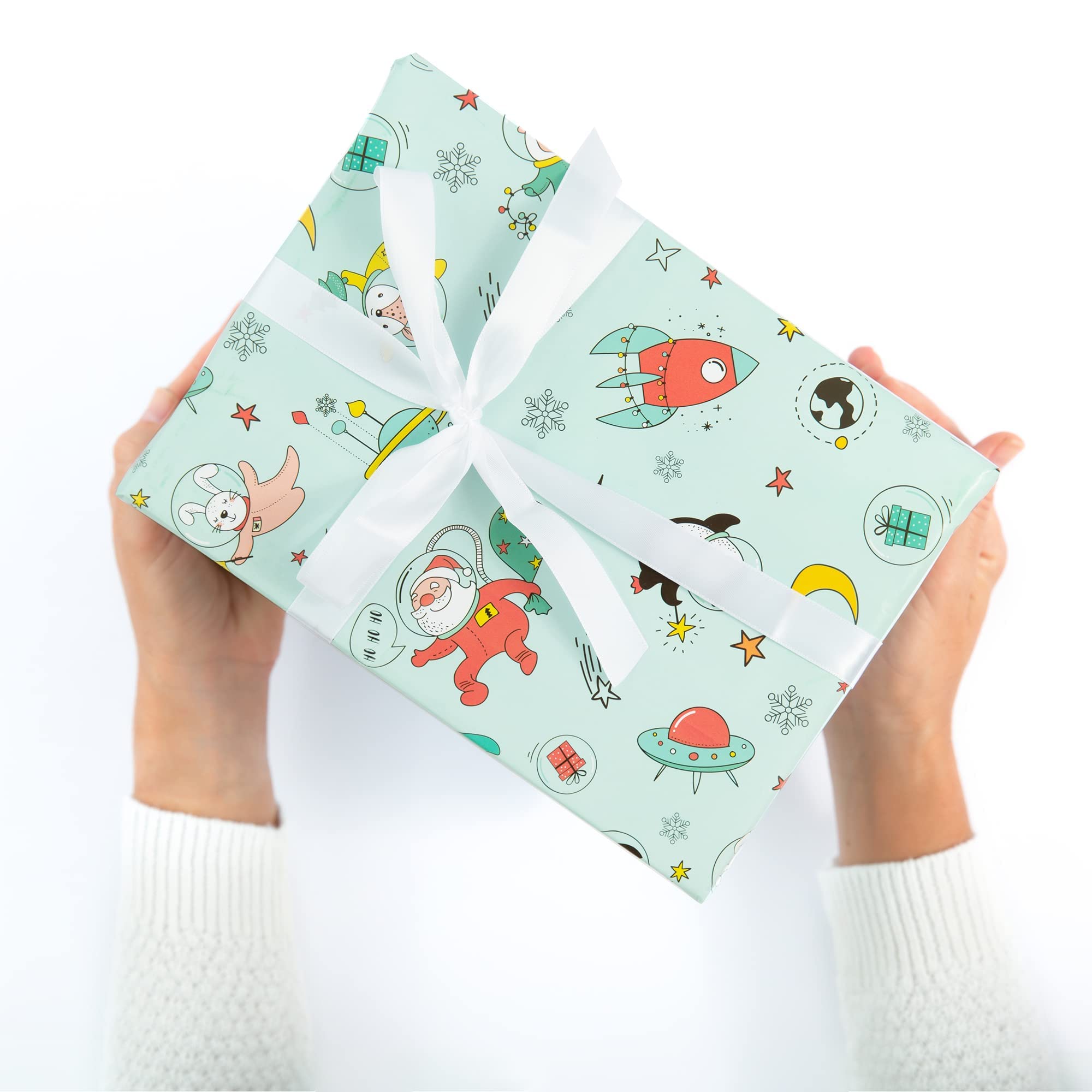 Santa in Space Christmas Wrapping Paper Set - 30x20 Inch Premium Holiday Gift Wrapping Sheets with Matching Cards & Envelopes | Festive Xmas Present Packaging for Secret Santa, Office Gifts & Family Holiday Celebrations