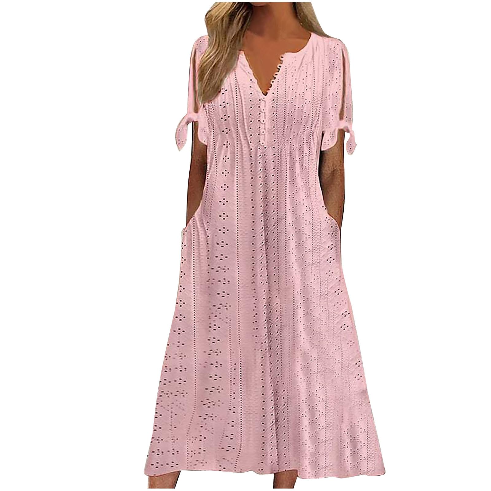 Women's Sundresses 2024 - Beach Cotton Linen Maxi Dress with V-Neck & Short Sleeve | Flowy Ruched Boho Floral Dress for Summer Vacation, Pool Party & Casual Outings