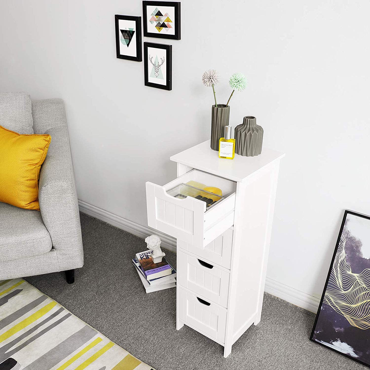 White Bathroom Floor Cabinet with 4 Drawers - Wooden Storage Organizer for Bathroom, Living Room, Bedroom & Hallway - Perfect for Small Space Organization & Home Decor