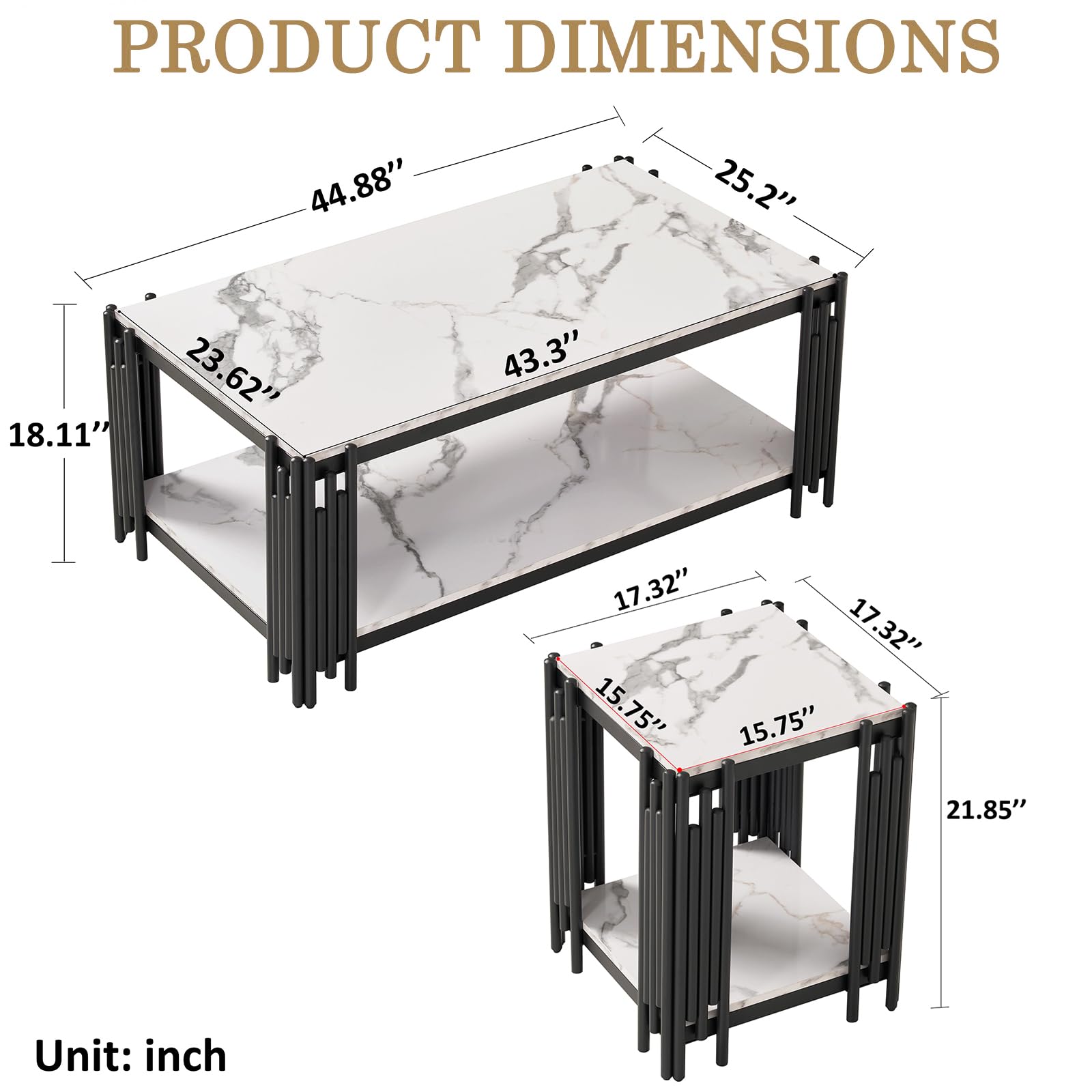 3-Piece White Faux Marble Coffee Table Set with Black Metal Frame - Modern Living Room Table Set Includes Coffee Table & 2 End Tables - Perfect for Living Room, Office, Apartment & Small Spaces