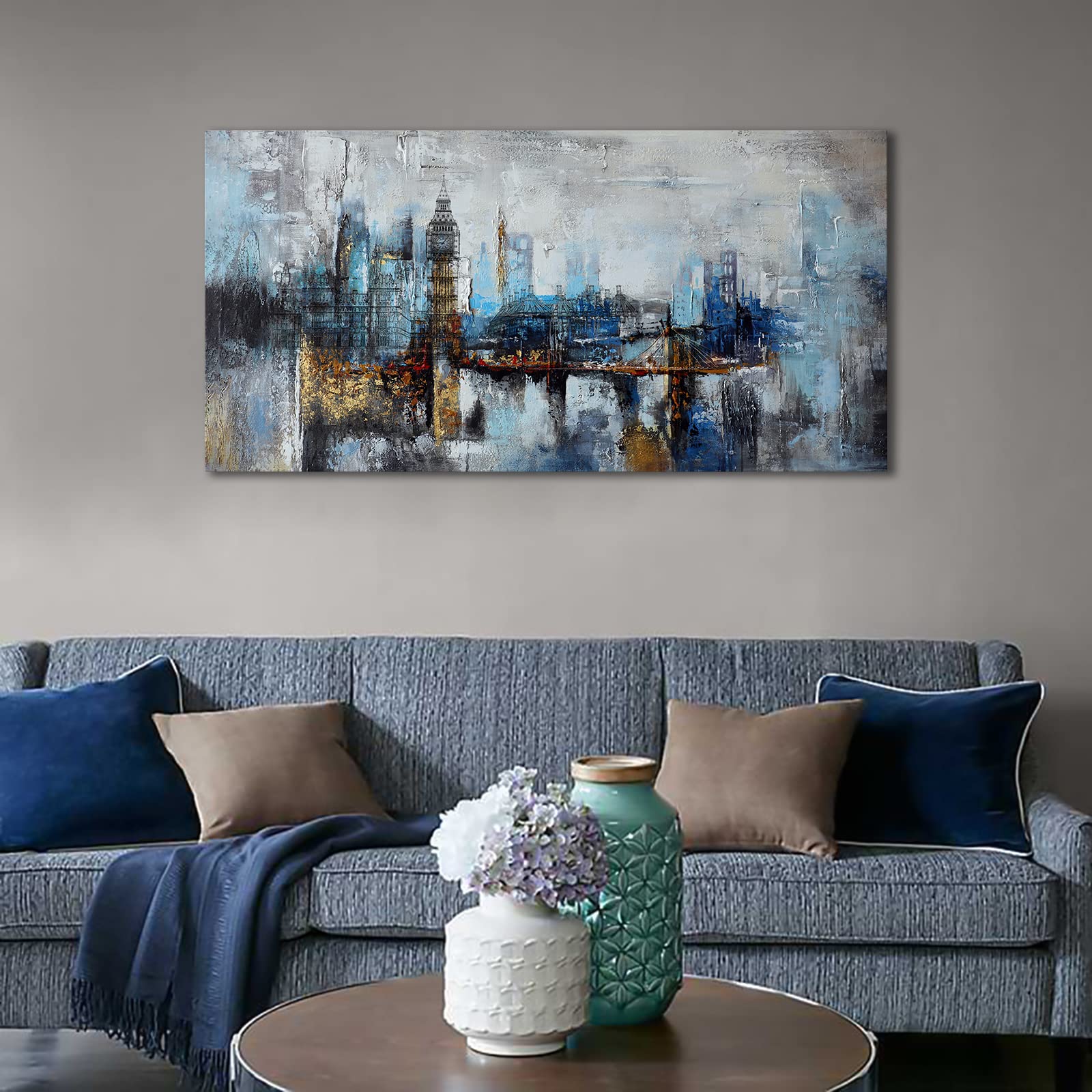 Large Abstract City View Canvas Wall Art - Modern Gray Blue Buildings Print for Bedroom, Living Room & Office Decor - 29x58 Inches - Perfect for Contemporary Home & Workspace Styling