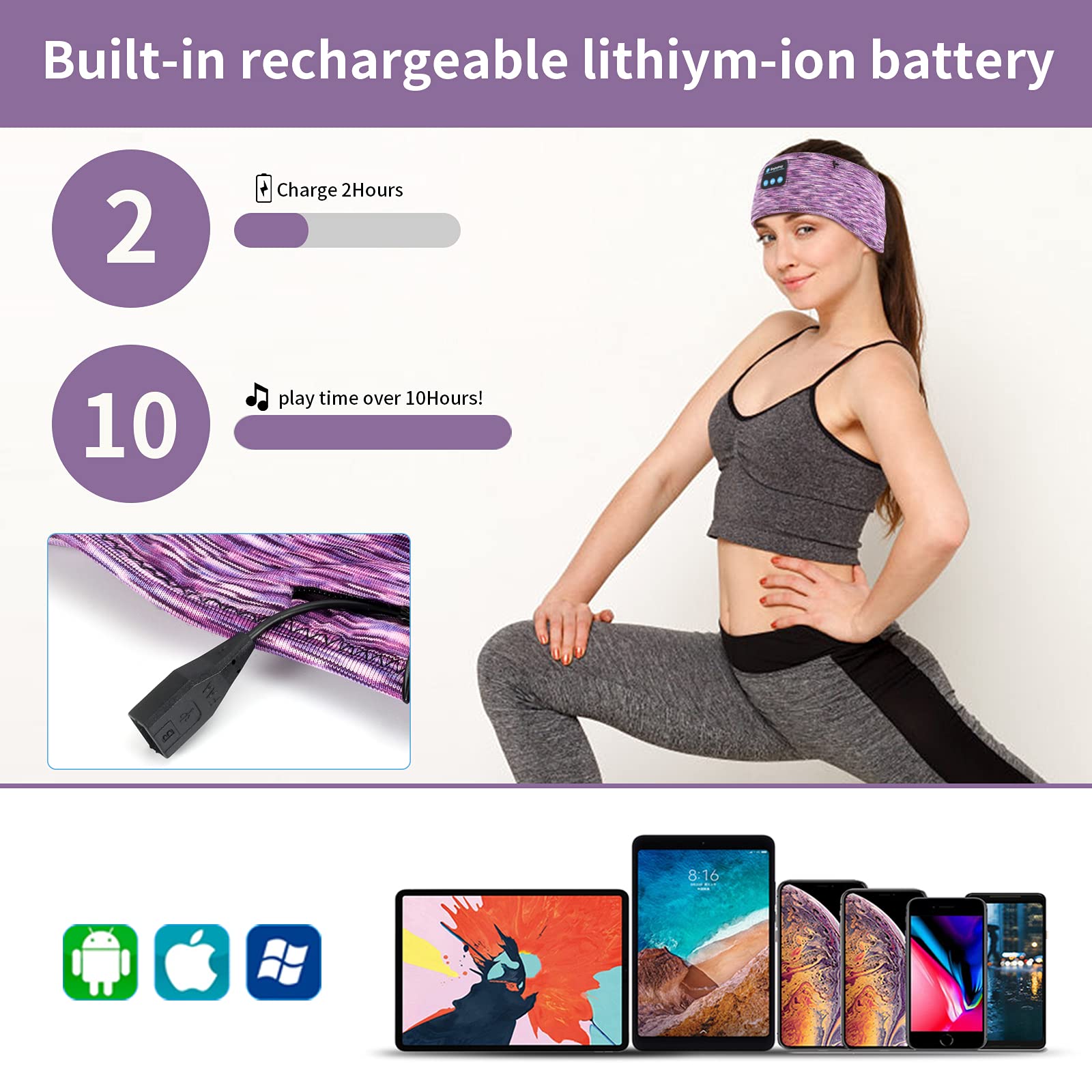 Wireless Sleep Headphones Headband with Zip Pocket - Ultra-Thin HD Stereo Speakers for Side Sleepers, Meditation, Yoga & Sports | Comfortable Bluetooth Music Headband for Night Use, Gym Workouts & Relaxation (Purple)